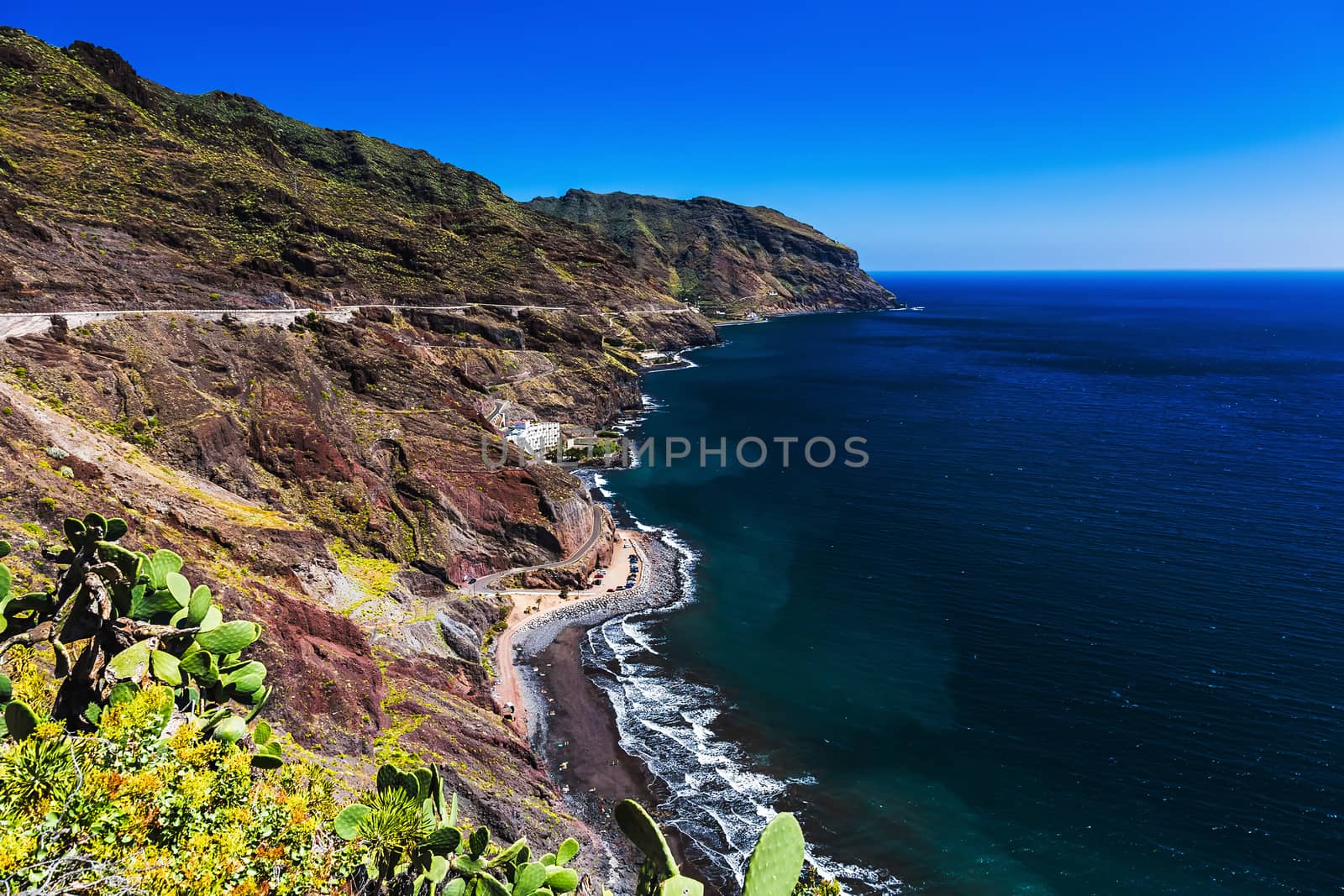 Coast or shore of Atlantic ocean with  mountain or rock and  sky with skyline or horizon in Tenerife Canary island, Spain at spring or summer