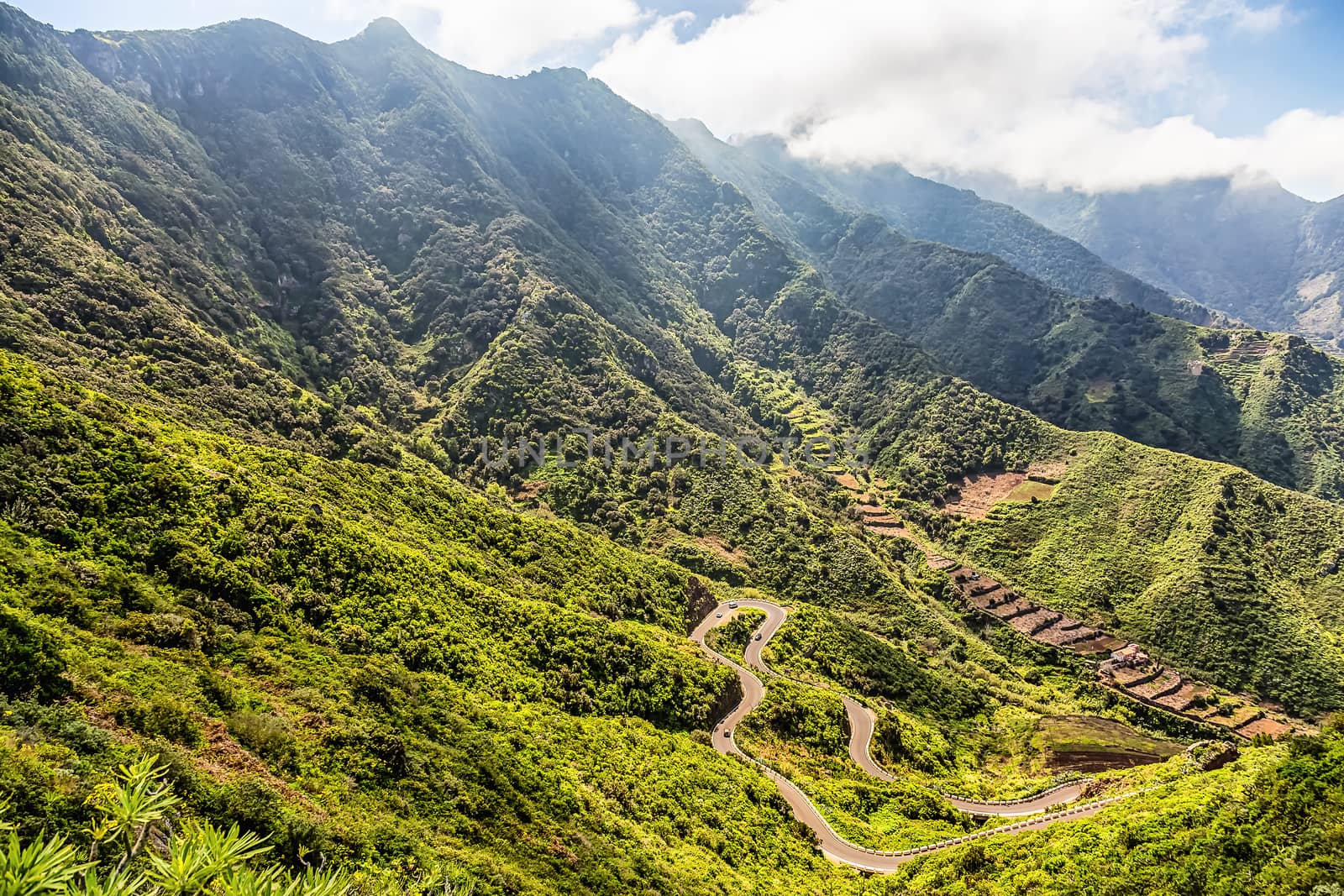 Nature landscape with green mountains or rocks valley with serpantine road and sky in Tenerife Canary island, Spain at summer or spring