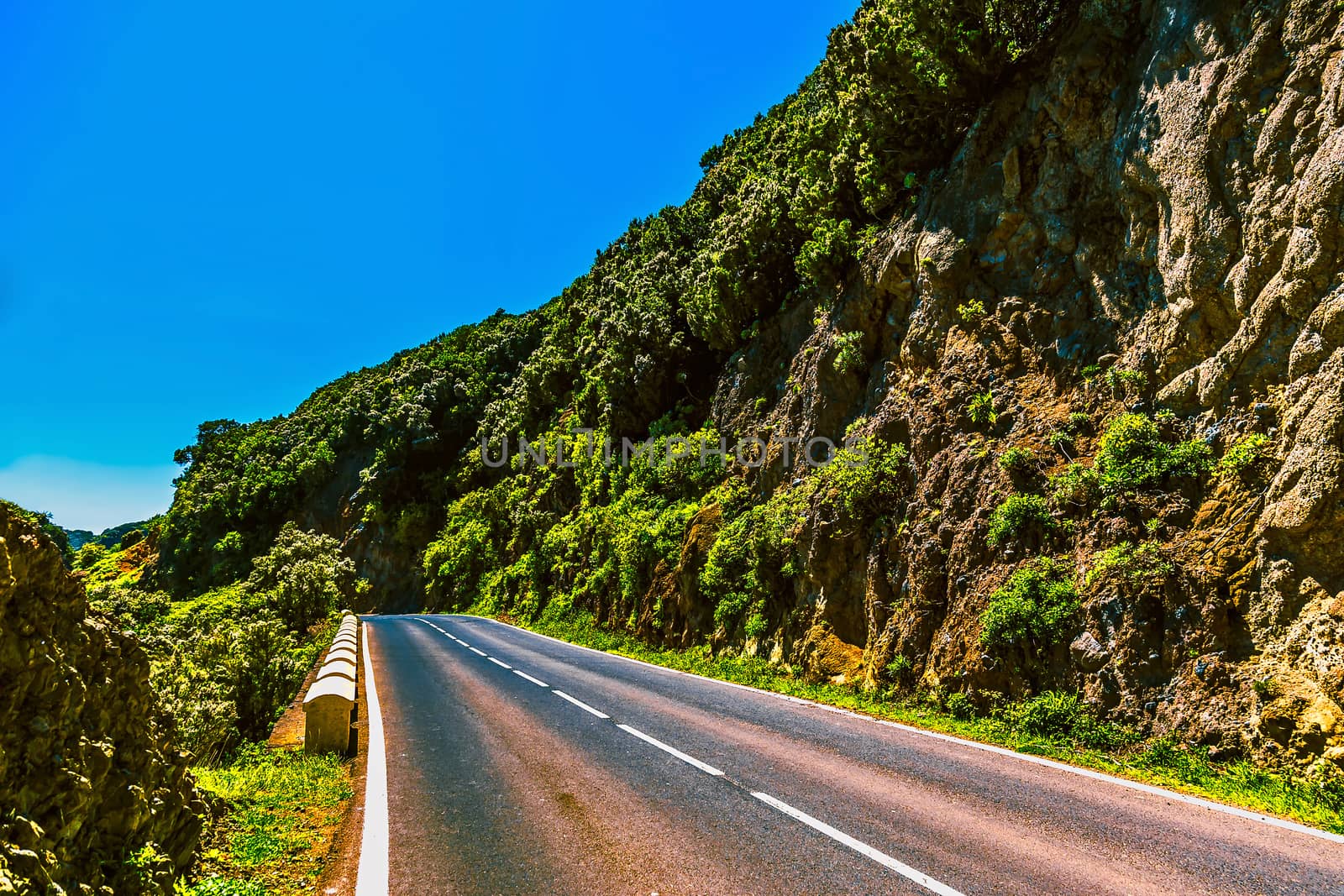 Asphalt road in green mountains with blue sky in Tenerife Canary island, Spain at spring or summer