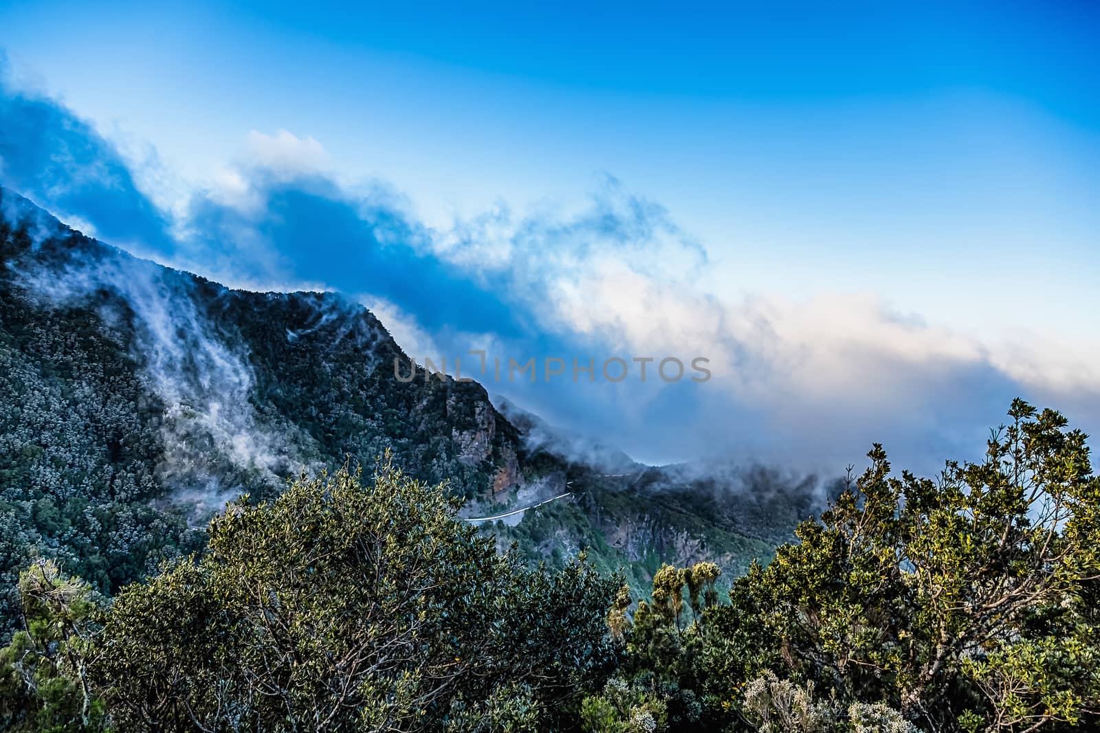 Mountains with clouds on blue sky landscape in Tenerife Canary island, Spain
