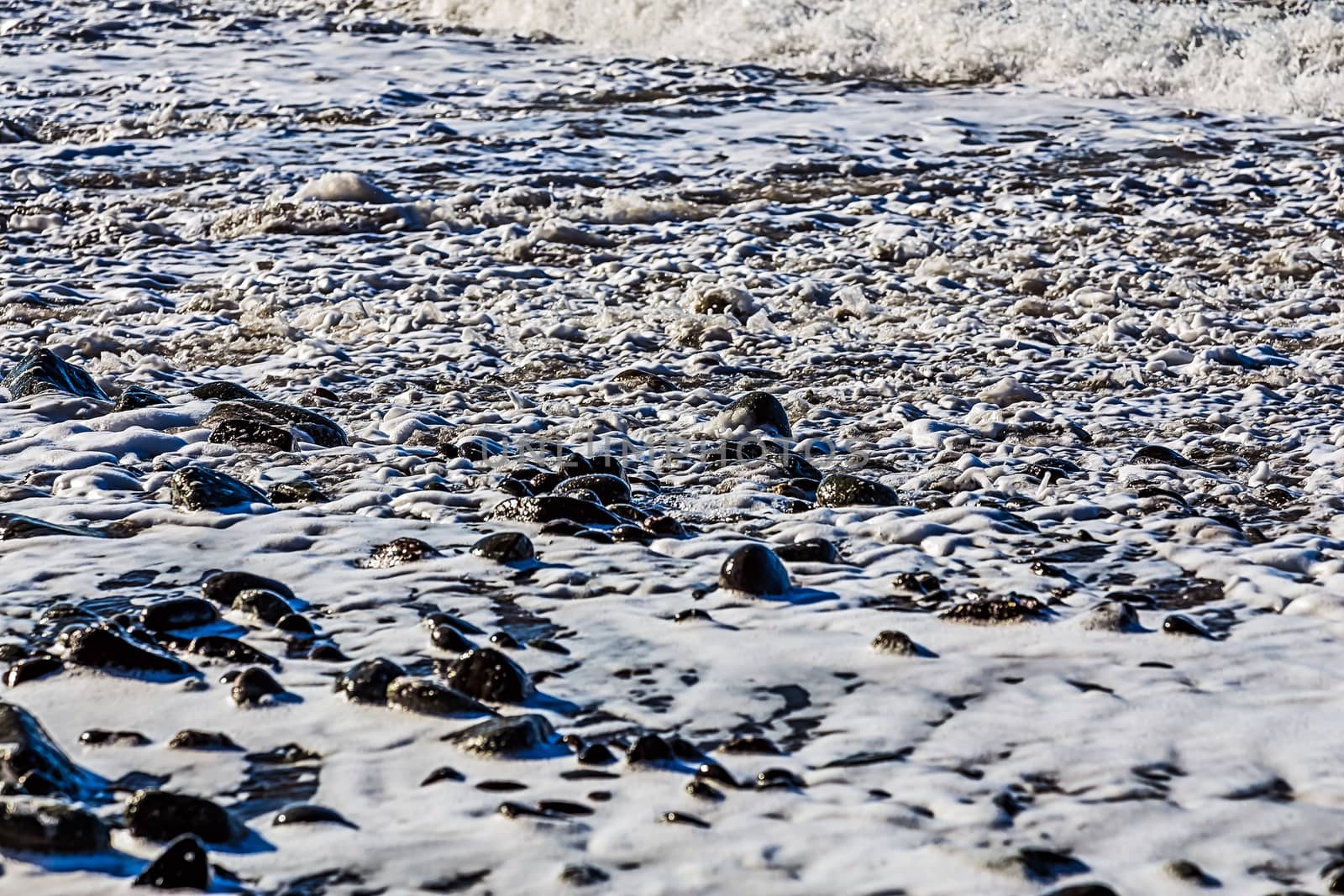Stones in foam on the beach coast or shore of ocean or sea