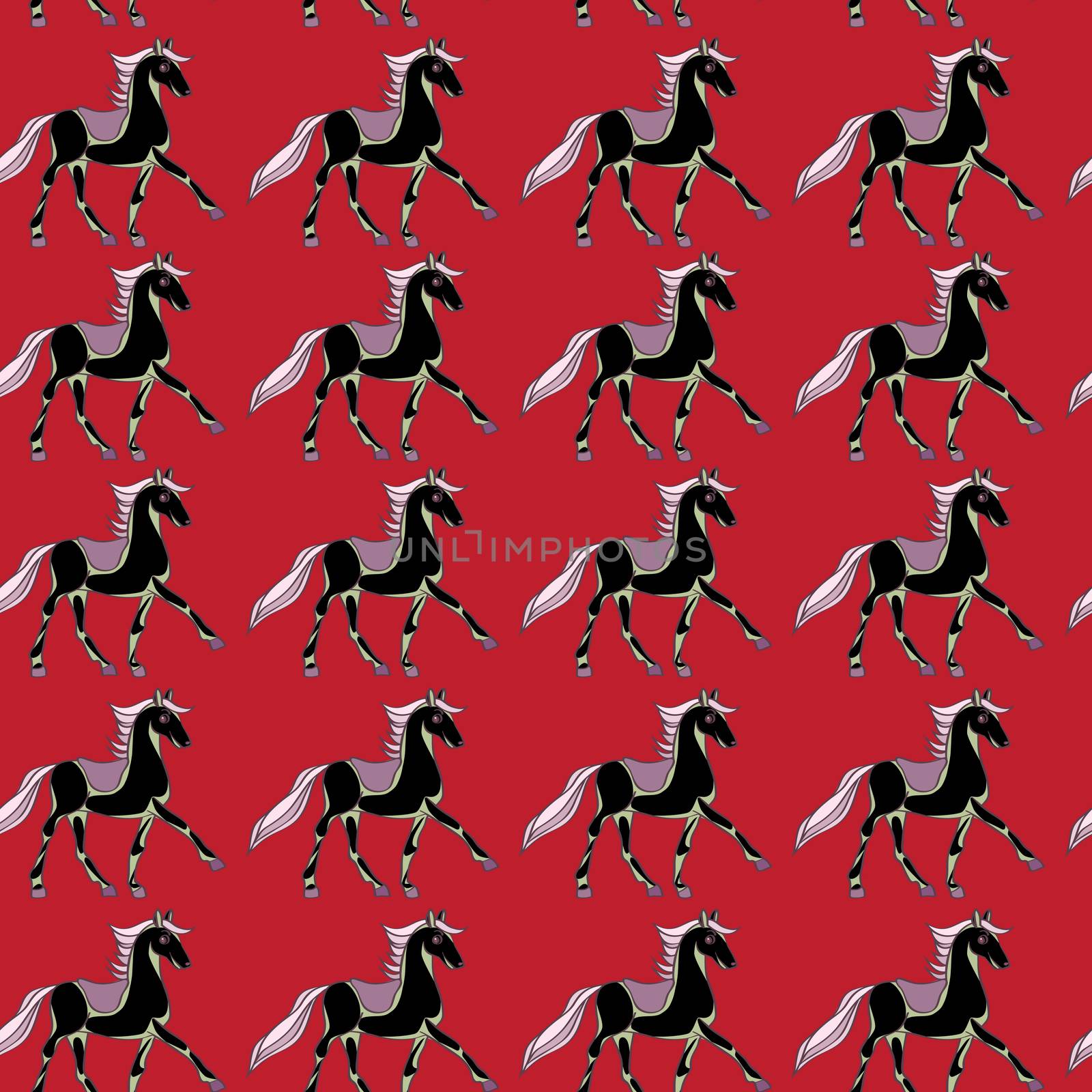One horse seamless pattern, hand drawn cartoon illustration over red background