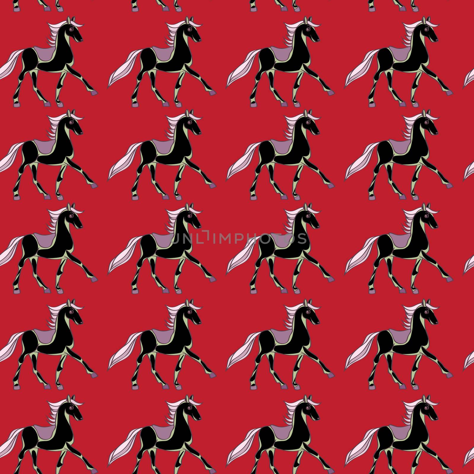 One horse seamless pattern, hand drawn cartoon illustration over red background