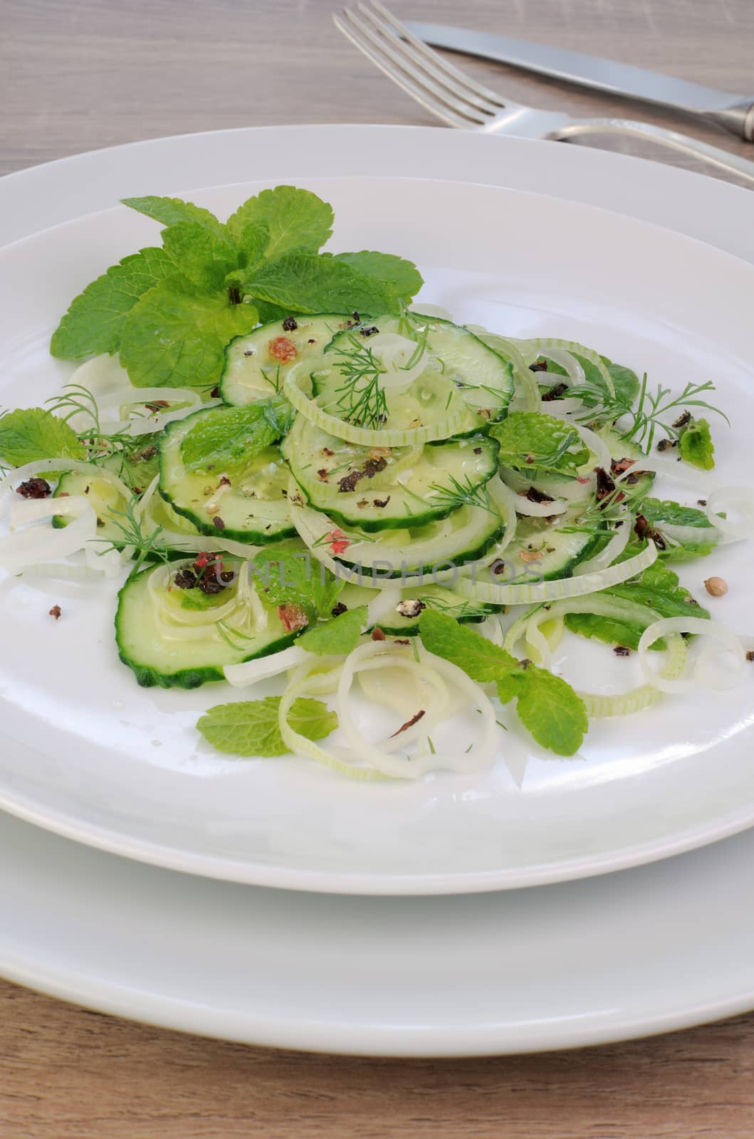 Cucumber salad, leek with mint and spices