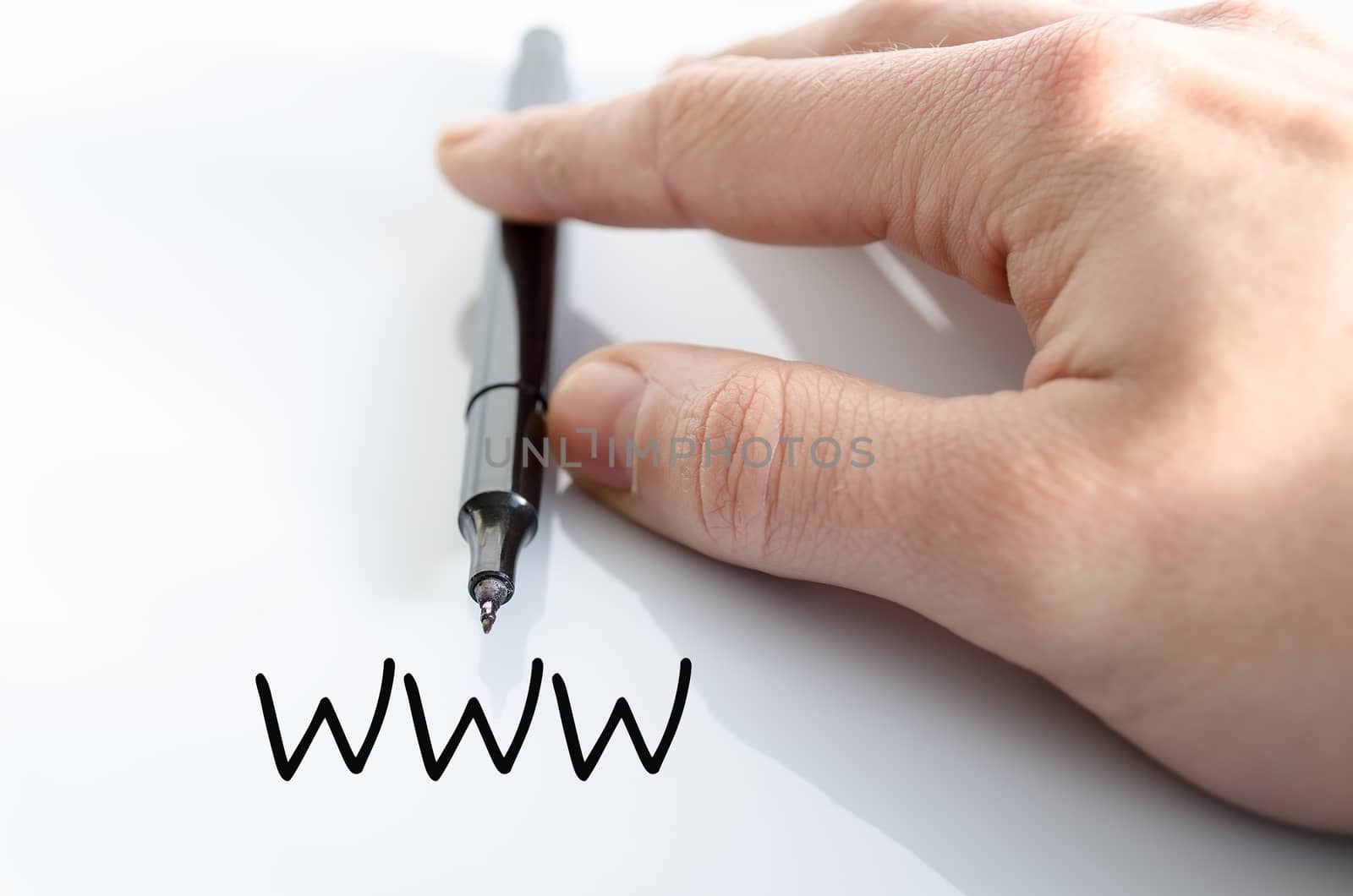 Pen in the hand isolated over white background WWW concept
