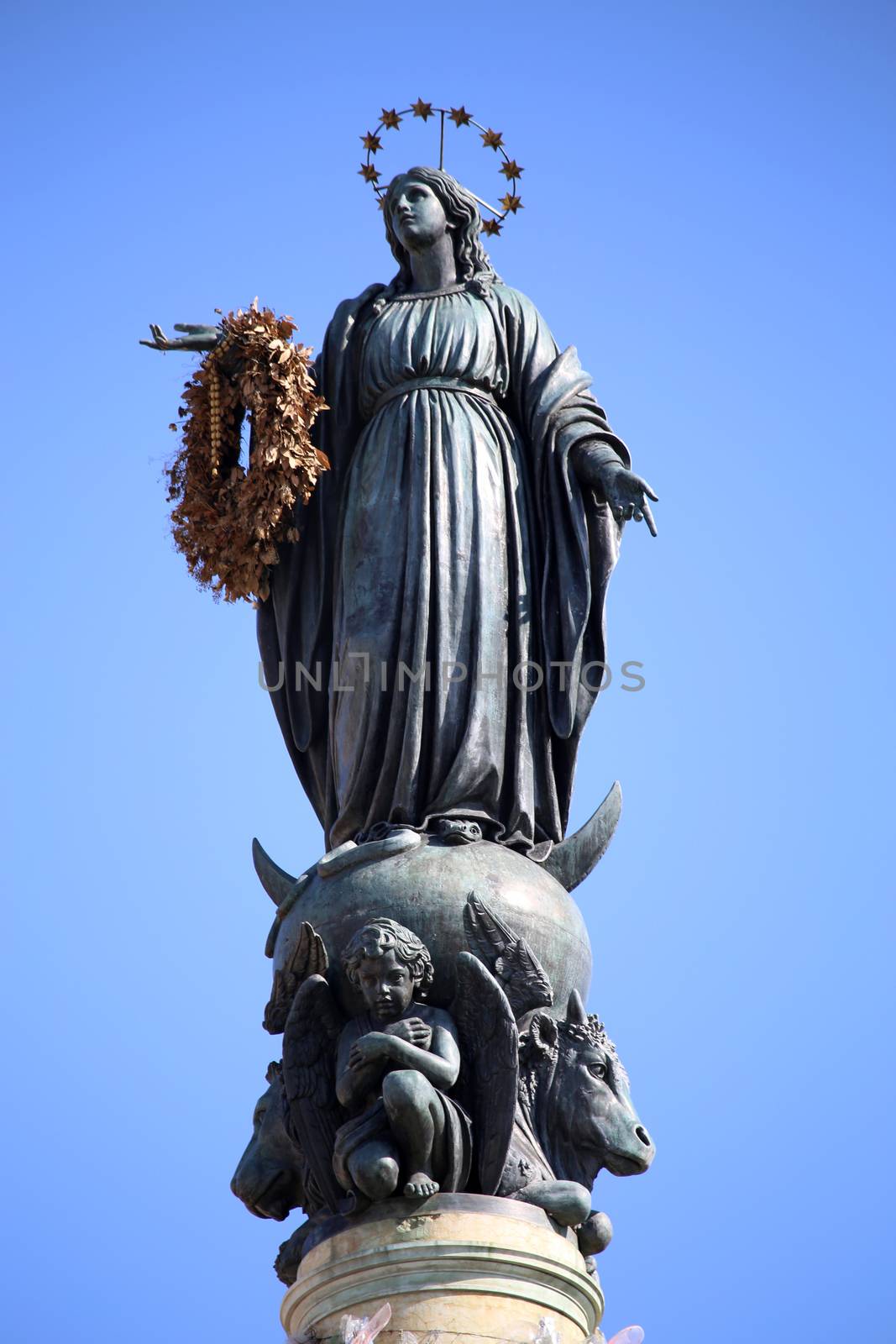 Column of the Immaculate Conception monument with Virgin Mary on top at Piazza di Spagna in Rome, Italy