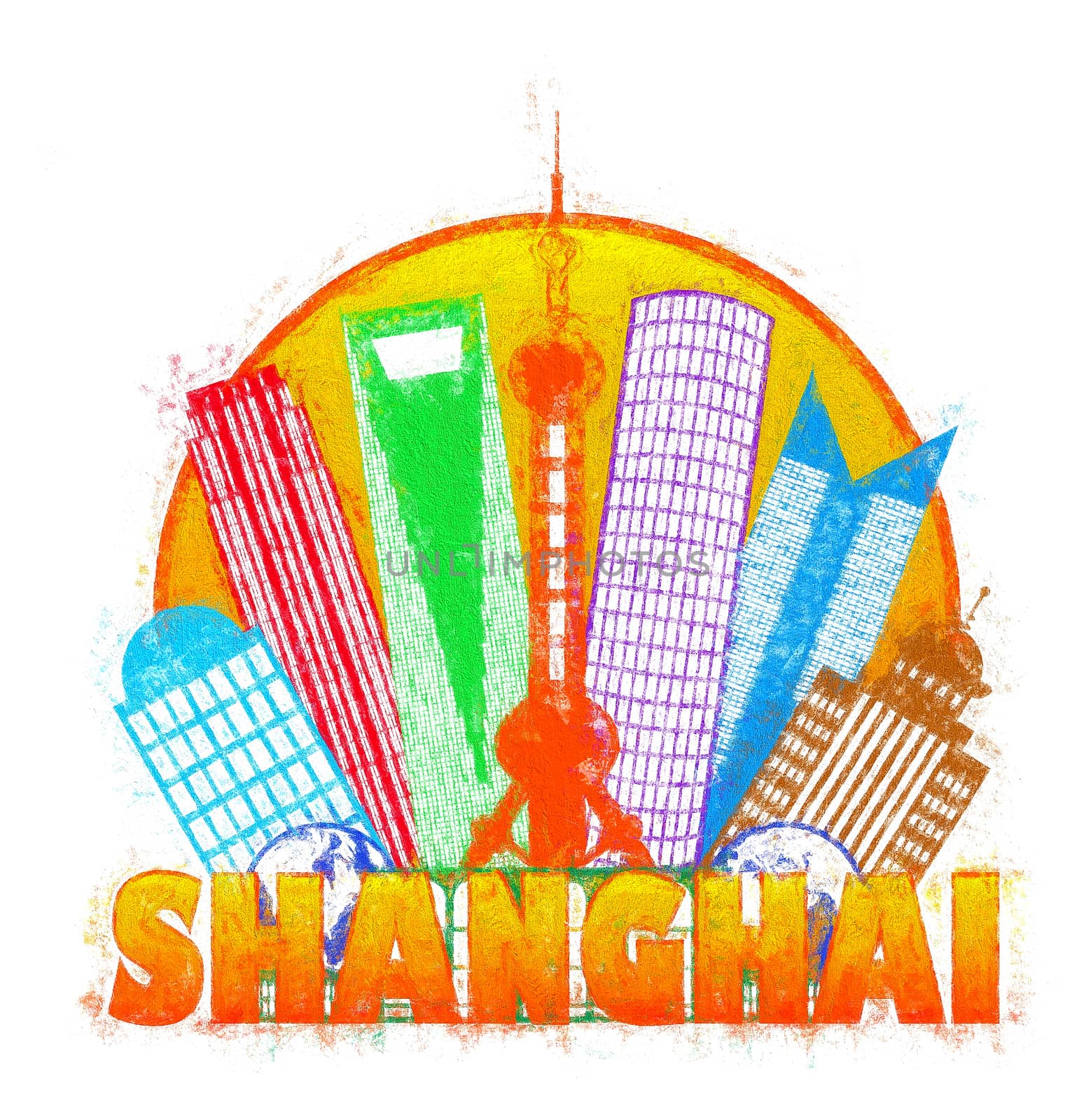Shanghai China City Skyline Outline Silhouette in Circle Color Isolated on White Background Impressionist Illustration