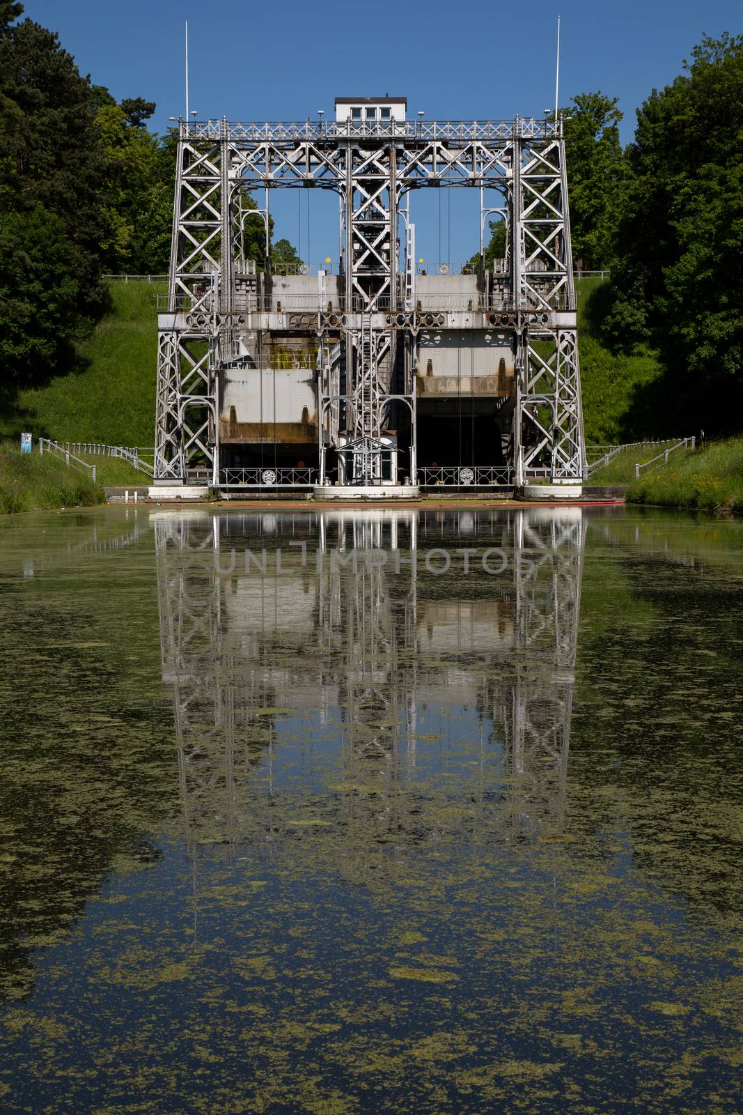 Old hydraulic boat lifts and historic Canal du Centre, Belgium, Unesco Heritage - The hydraulic lift of Strepy-Bracquegnies