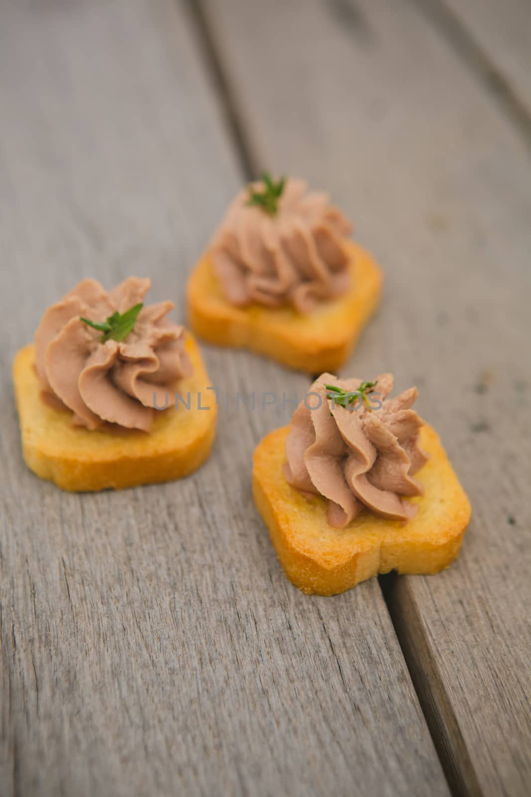 Delicious Pate Canapes on wooden background. Selective focus, shallow DOF