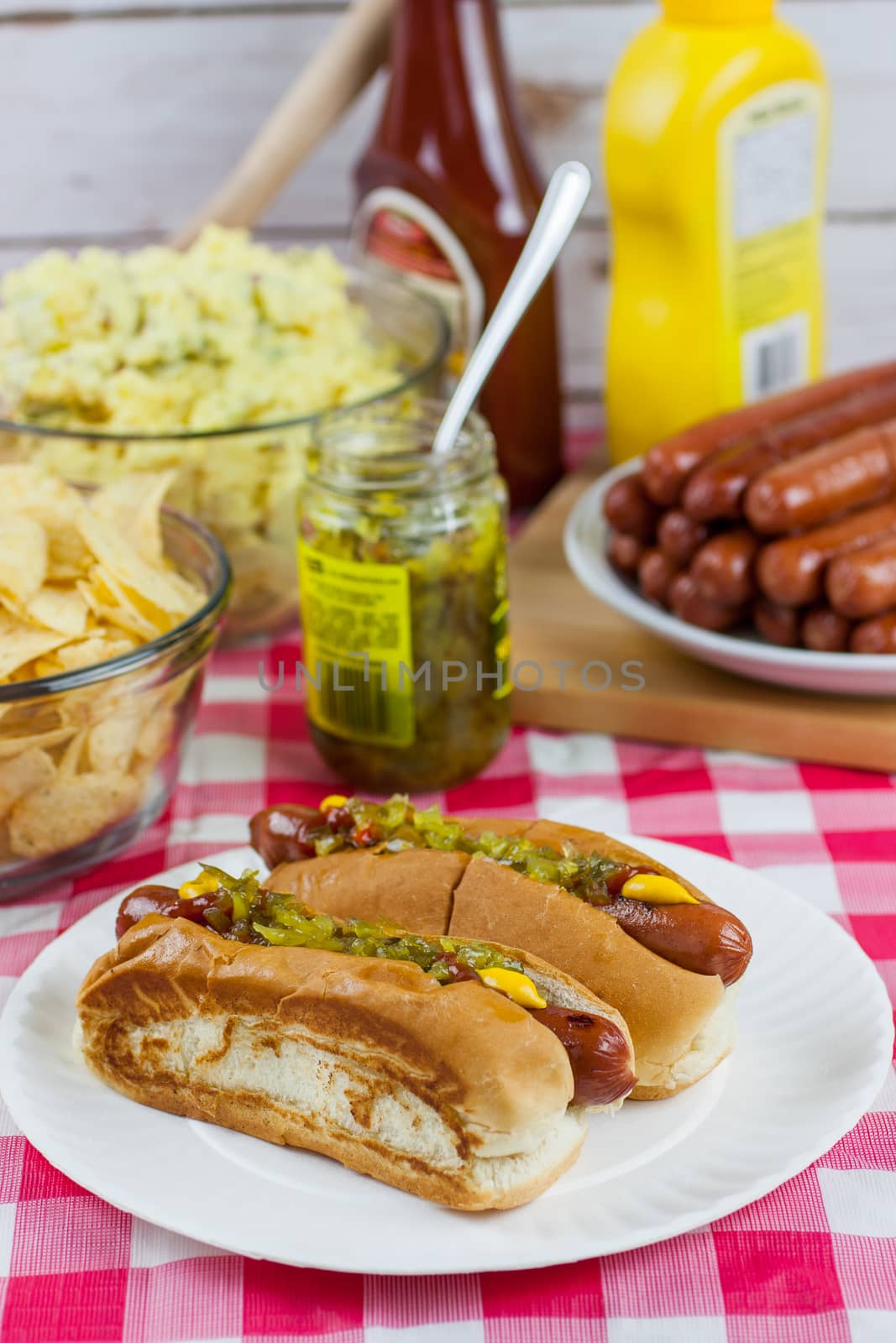Grilled hot dogs on a paper plate sitting on a table with potato salad, chips, and condiments.