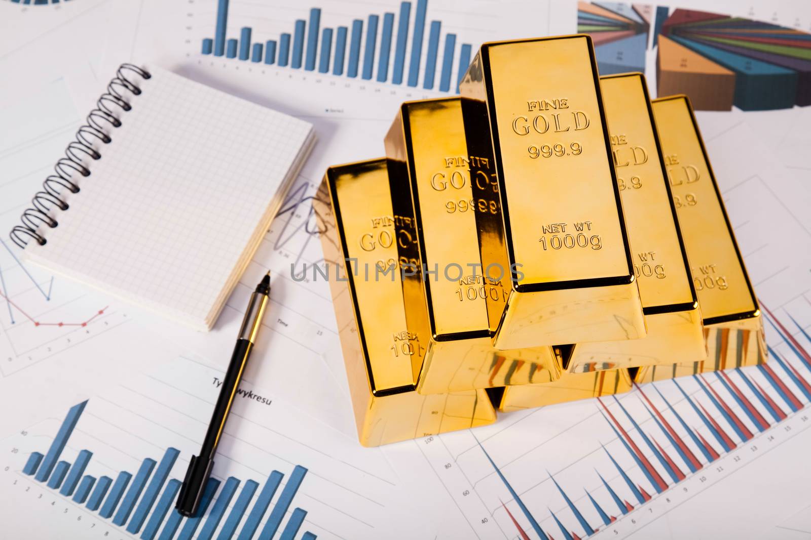 Gold bars and coins, ambient financial concept