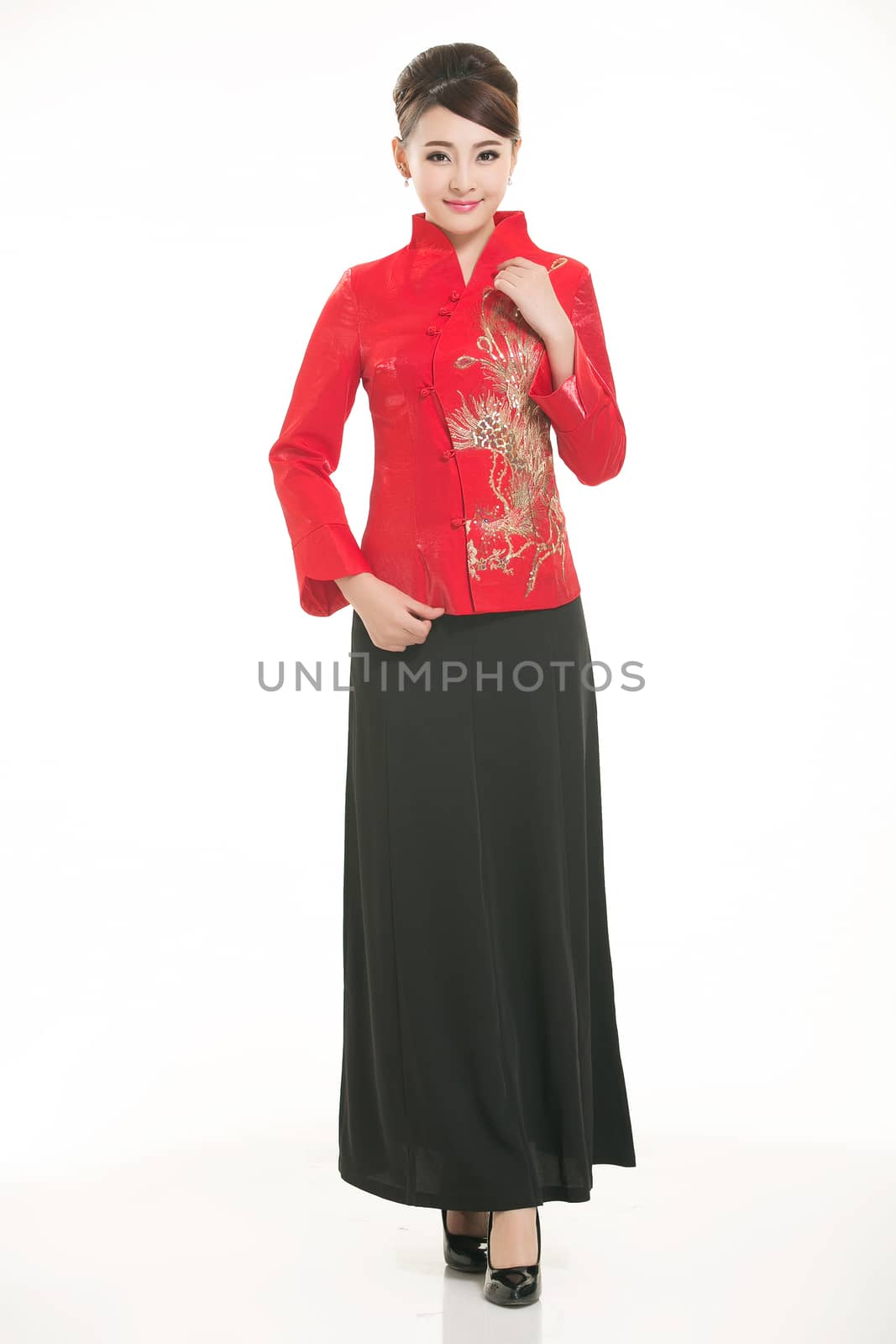 Wearing Chinese clothing waiter in front of a white background by quweichang