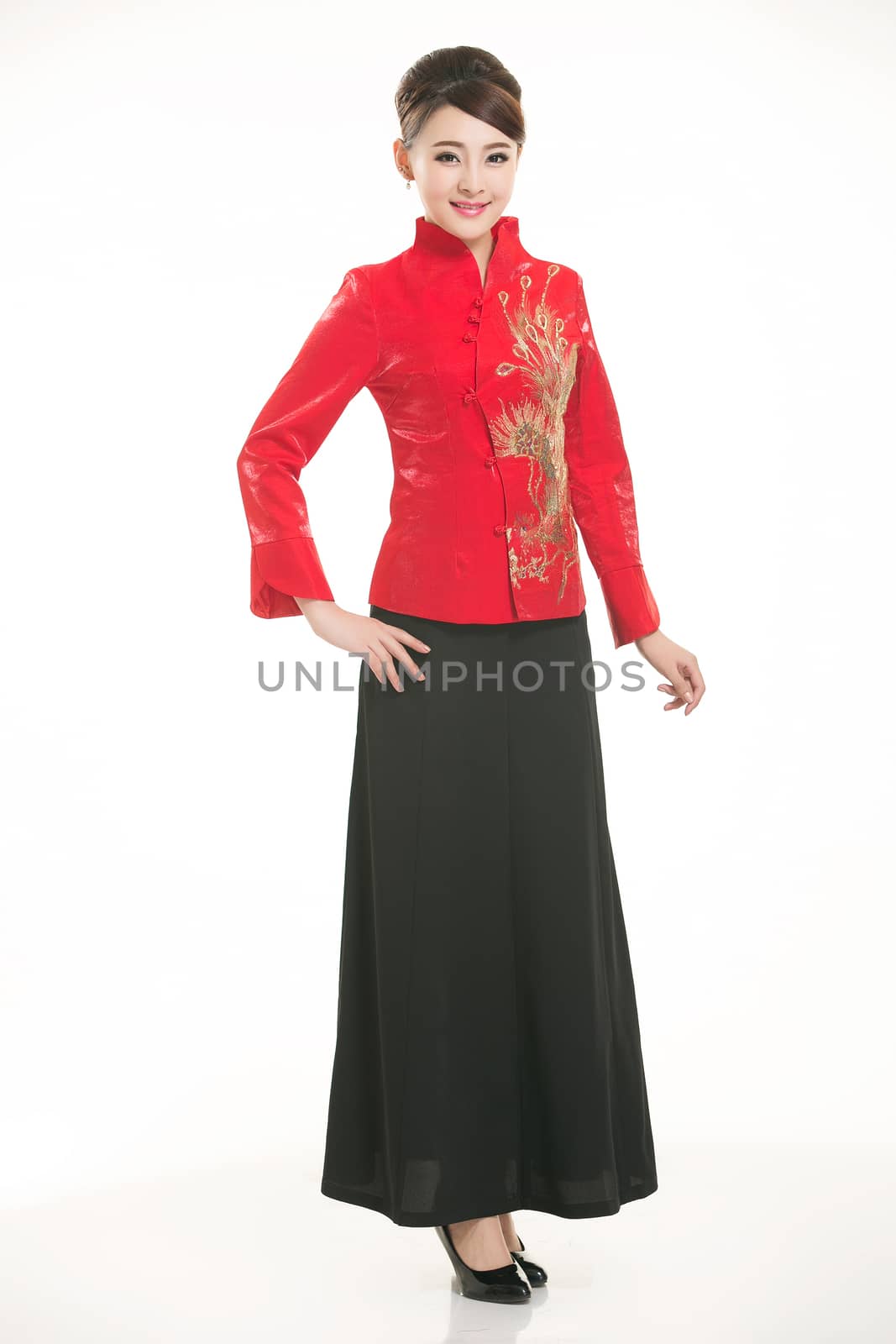 Wearing Chinese clothing waiter in front of a white background