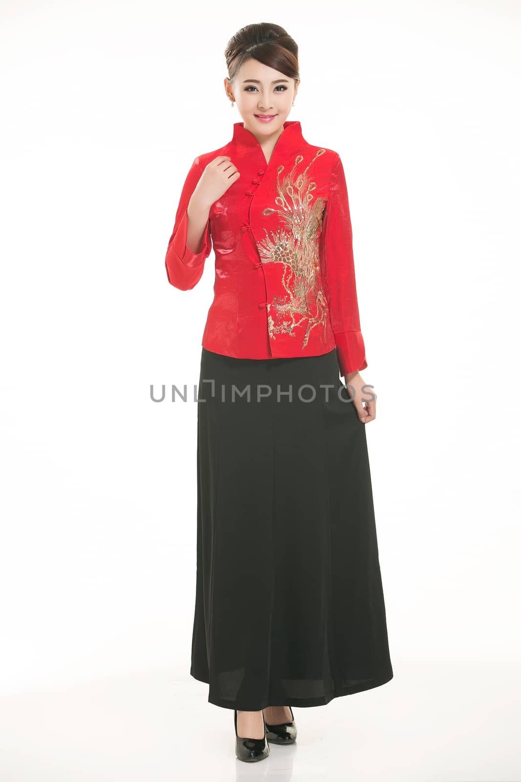 Wearing Chinese clothing waiter in front of a white background