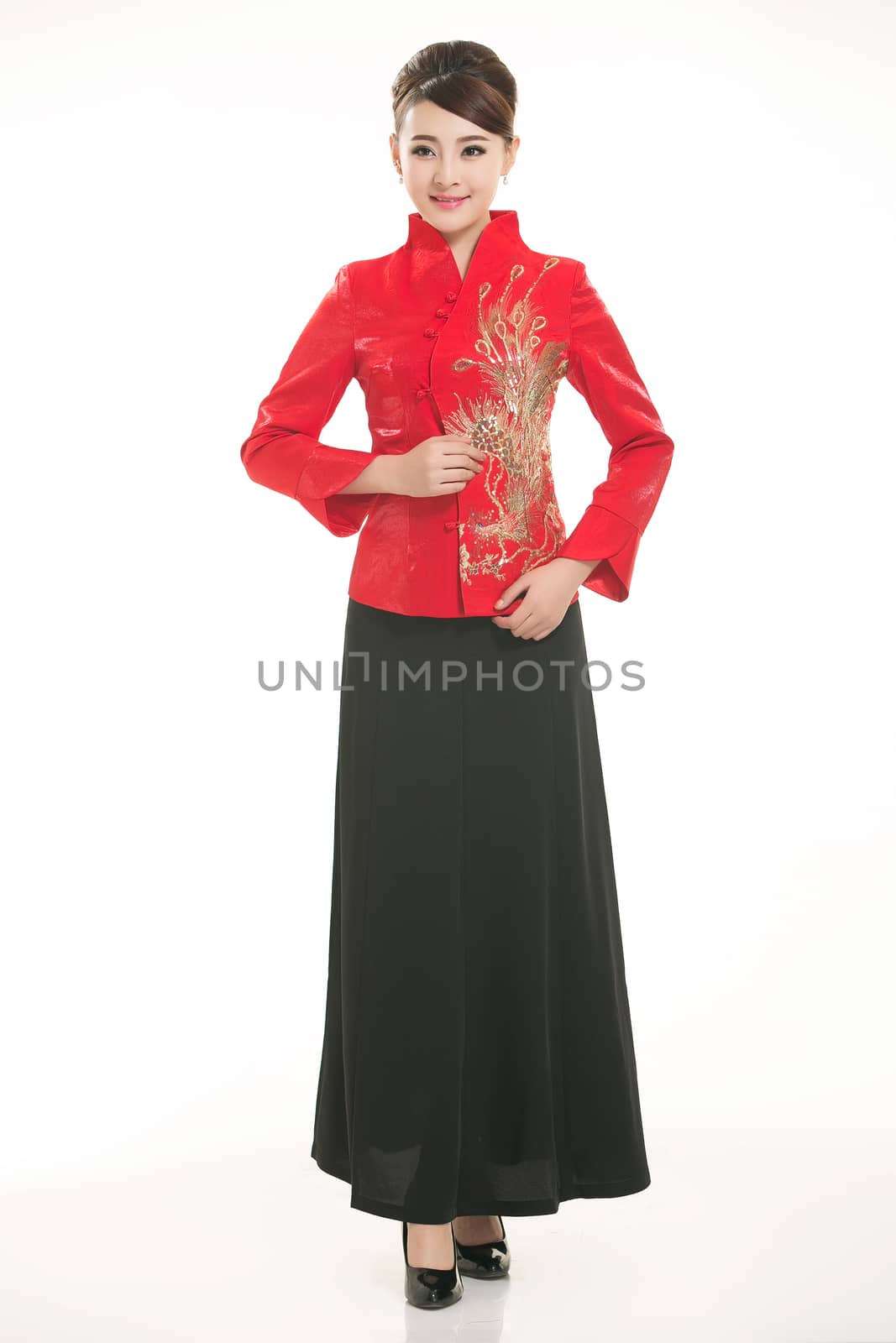 Wearing Chinese clothing waiter in front of a white background by quweichang