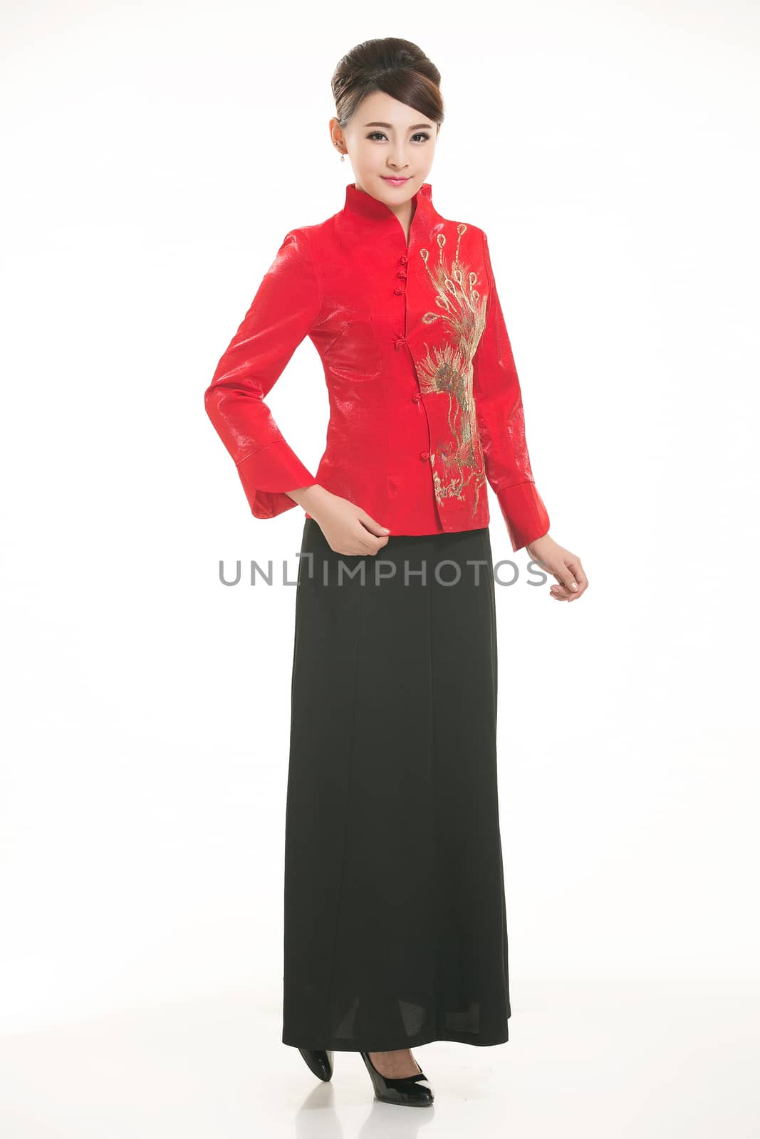 Wearing Chinese clothing waiter in front of a white background