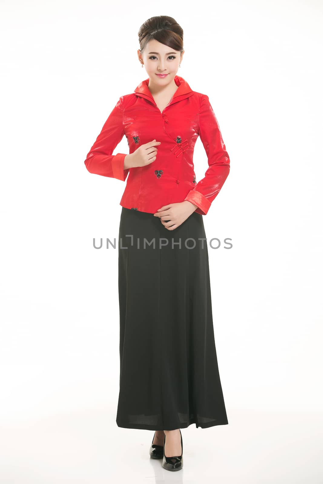 Wearing Chinese clothing waiter in front of a white background