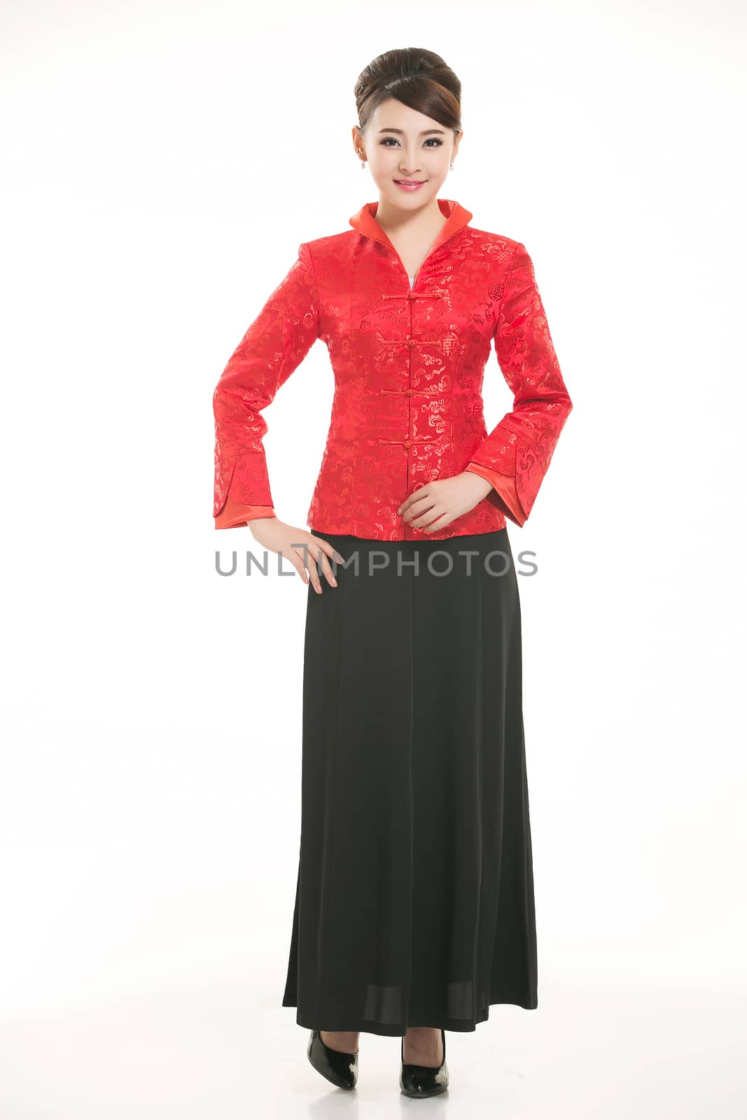 Wearing Chinese clothing waiter in front of a white background