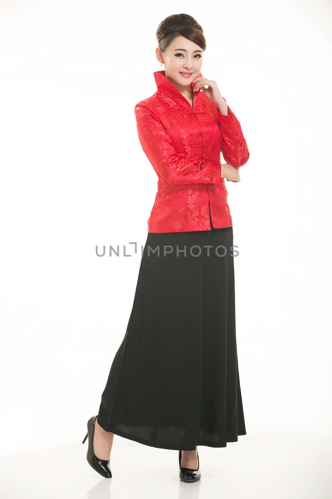 Wearing Chinese clothing waiter in front of a white background