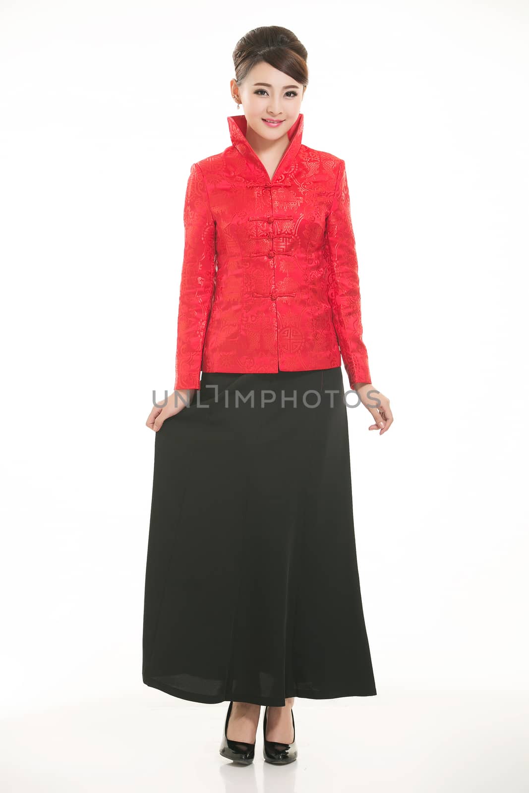 Wearing Chinese clothing waiter in front of a white background