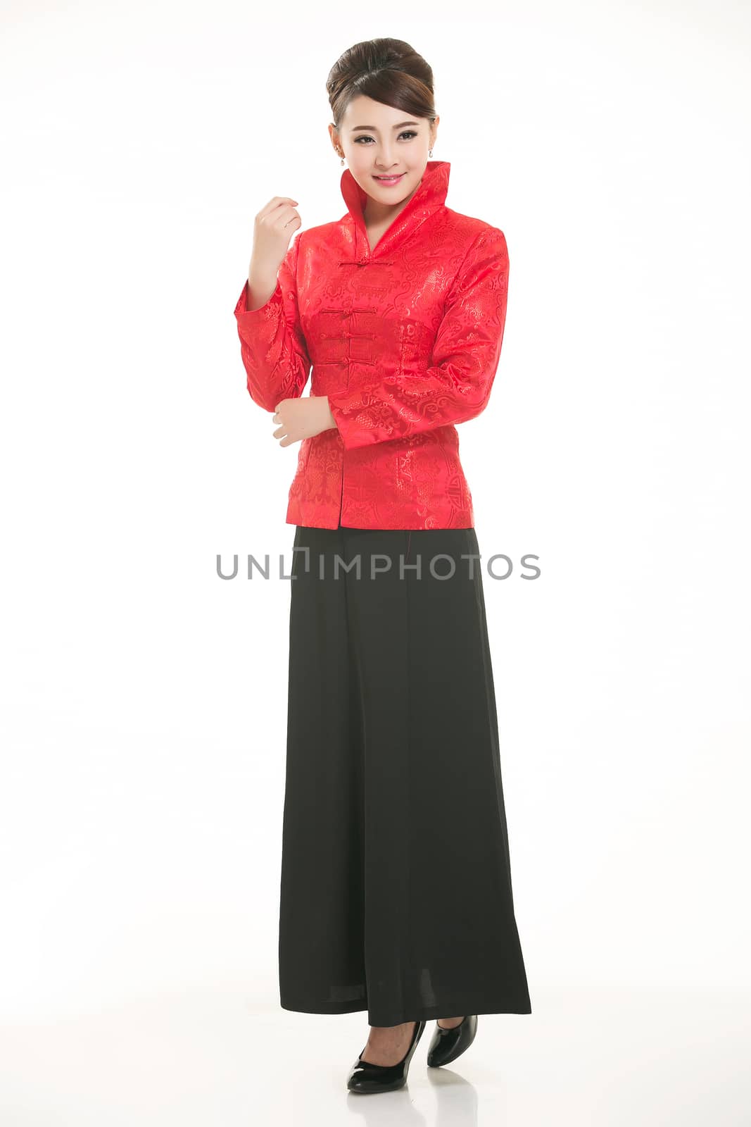 Wearing Chinese clothing waiter in front of a white background