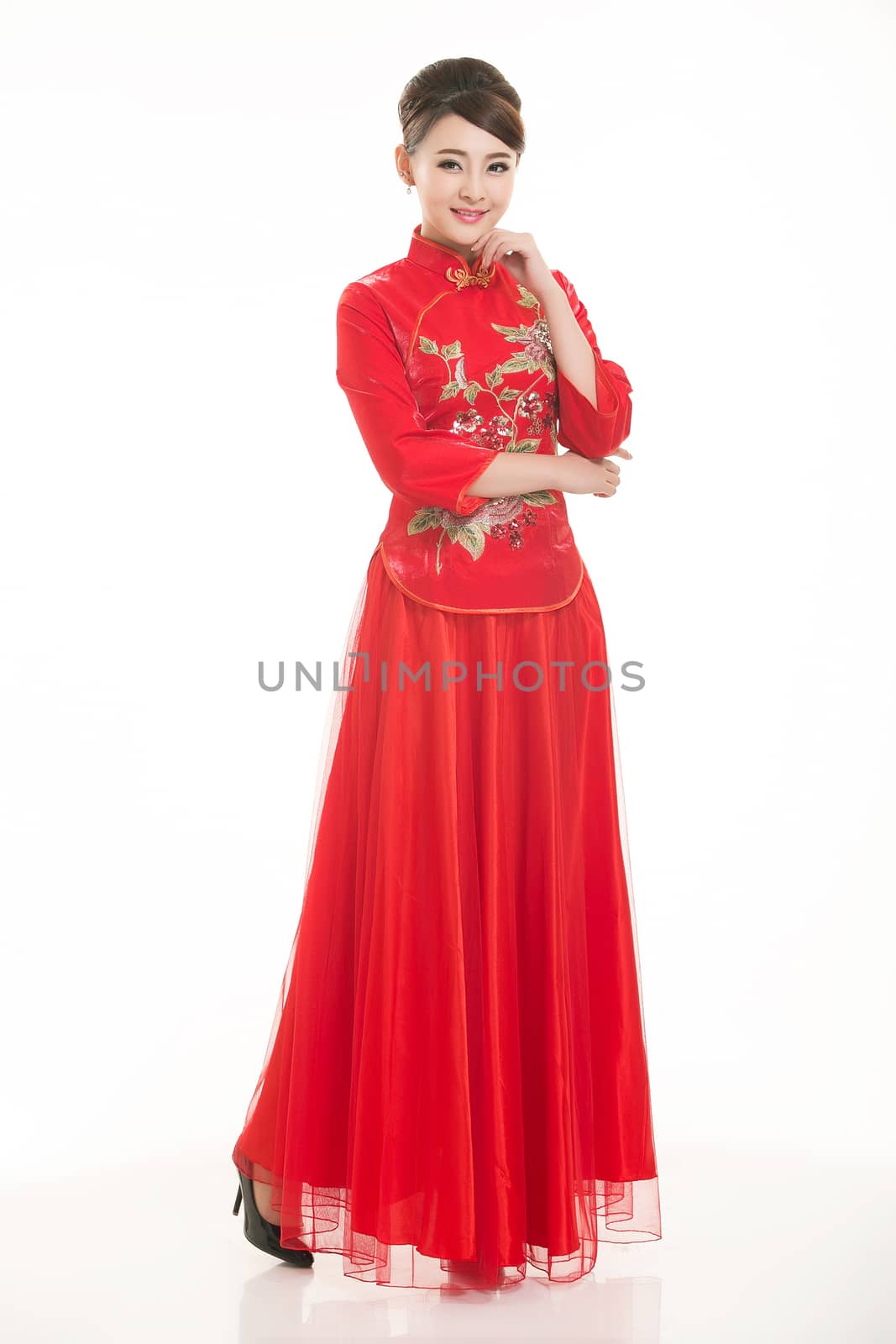 Wearing Chinese clothing waiter in front of a white background