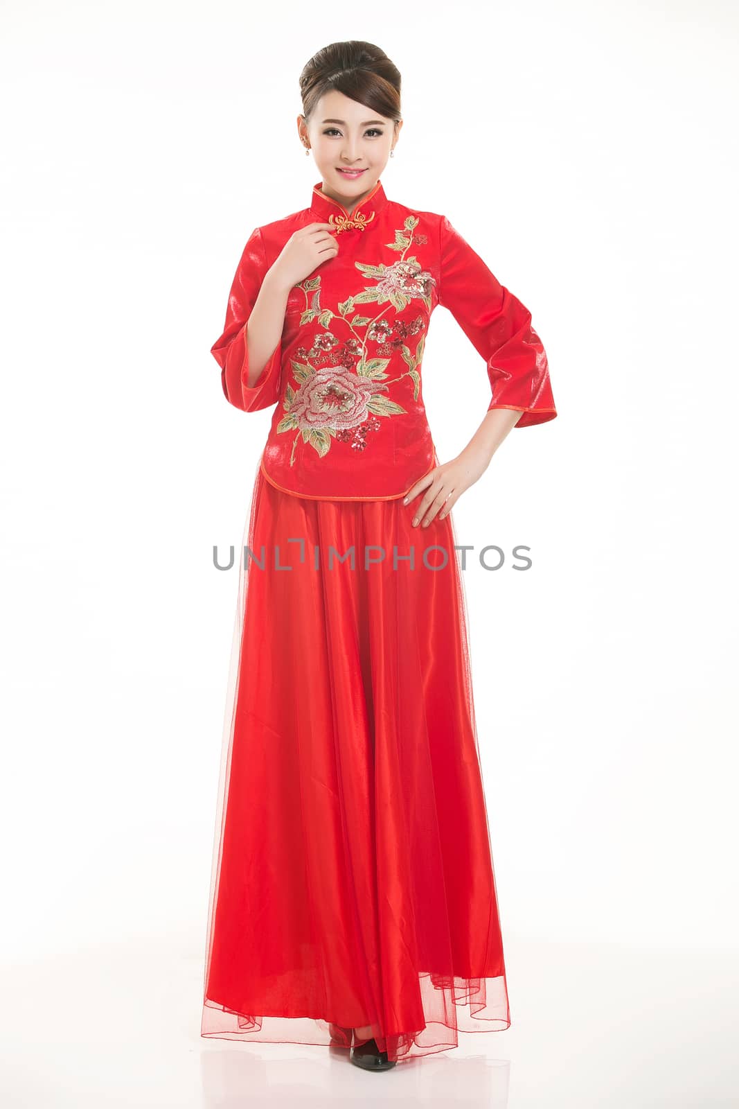 Wearing Chinese clothing waiter in front of a white background