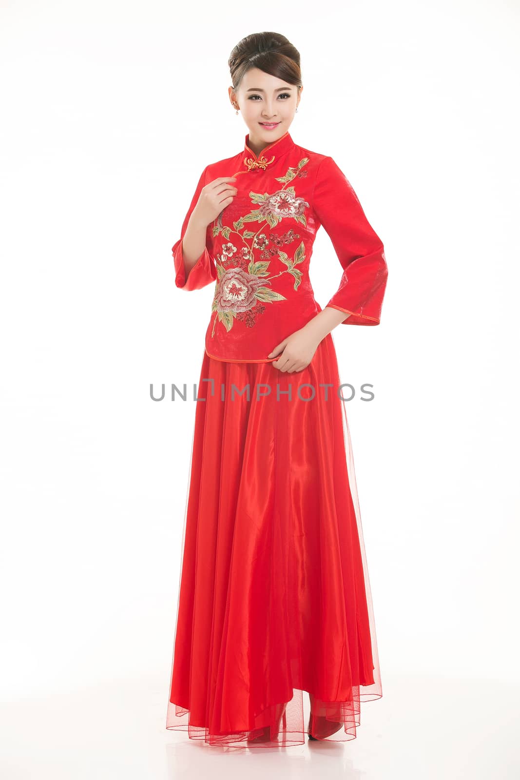 Wearing Chinese clothing waiter in front of a white background by quweichang