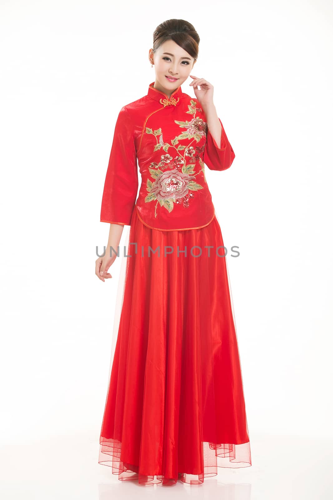 Wearing Chinese clothing waiter in front of a white background