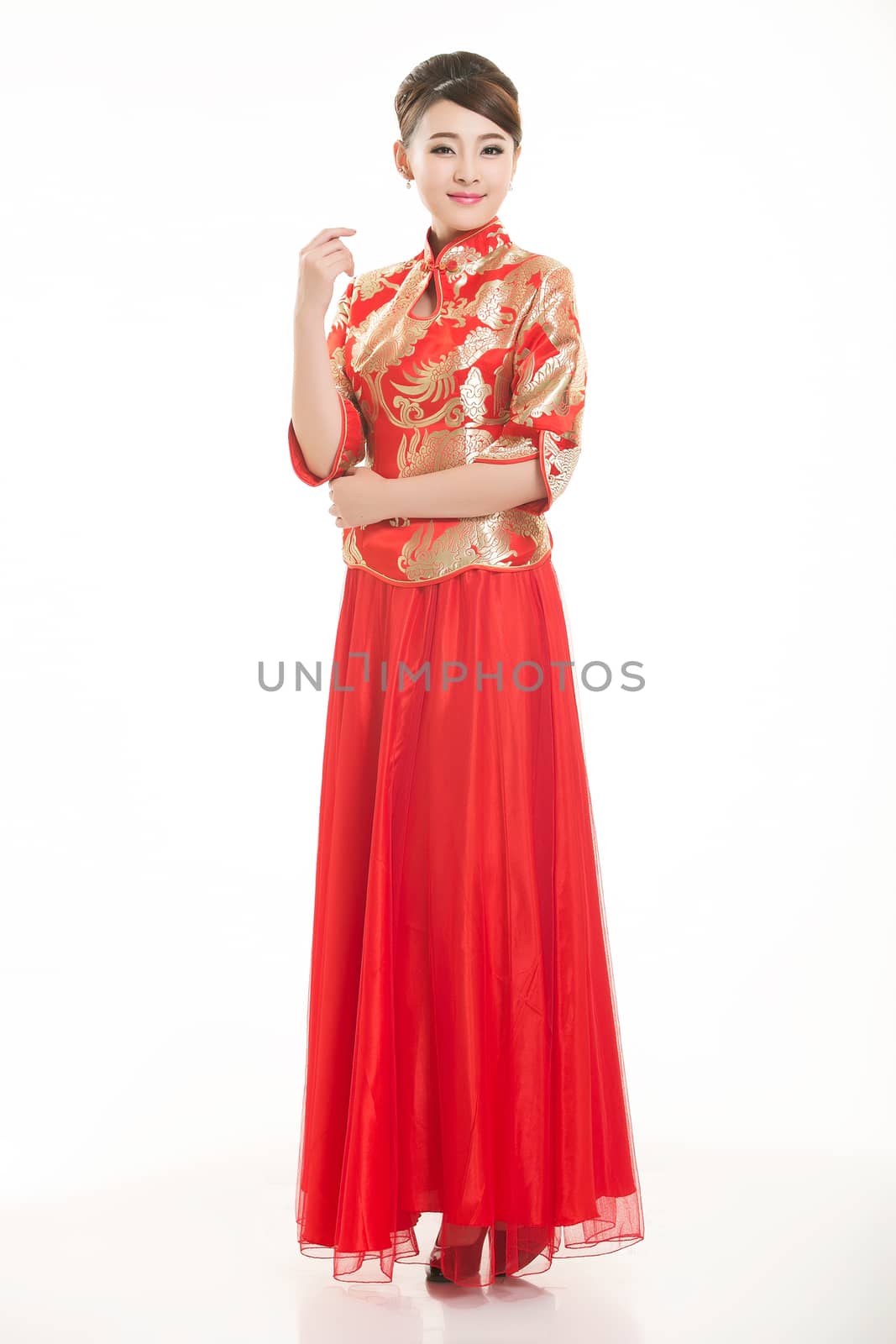 Wearing Chinese clothing waiter in front of a white background