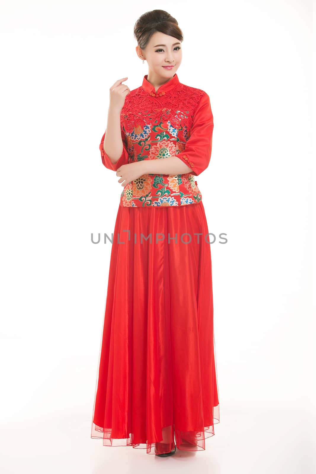Wearing Chinese clothing waiter in front of a white background by quweichang