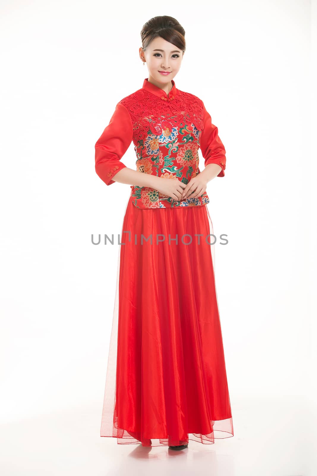 Wearing Chinese clothing waiter in front of a white background by quweichang