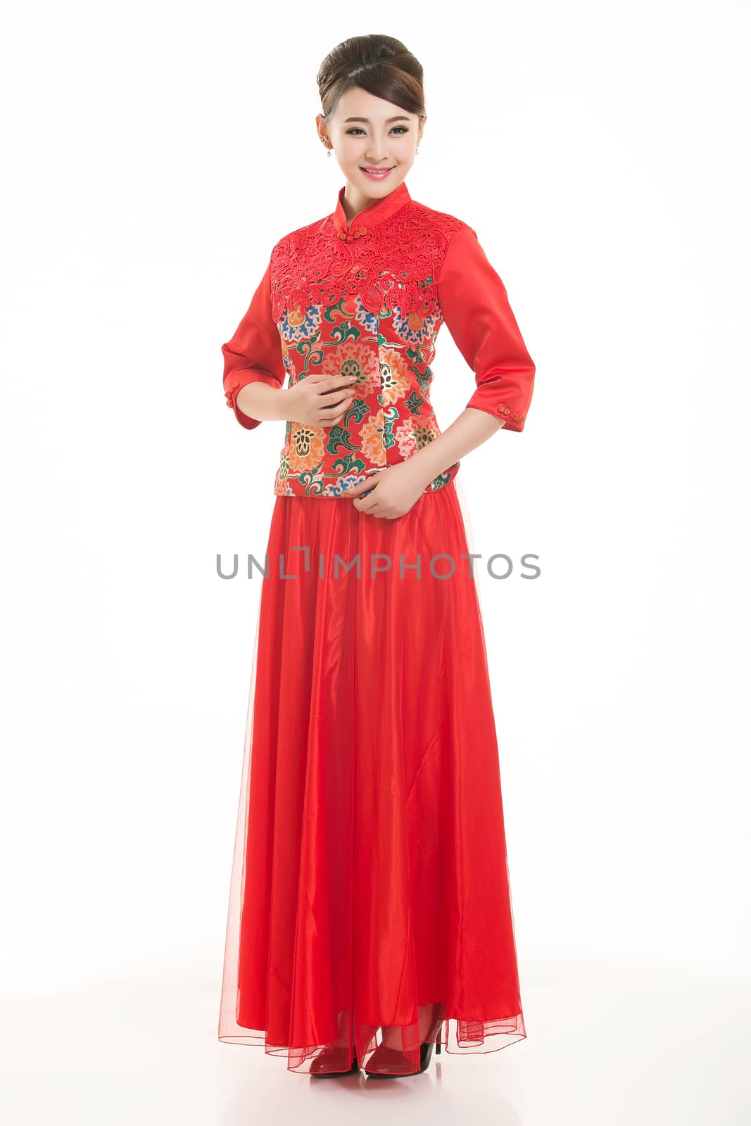 Wearing Chinese clothing waiter in front of a white background by quweichang