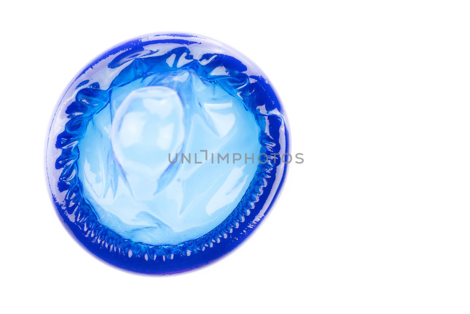 blue condom on white background from topview