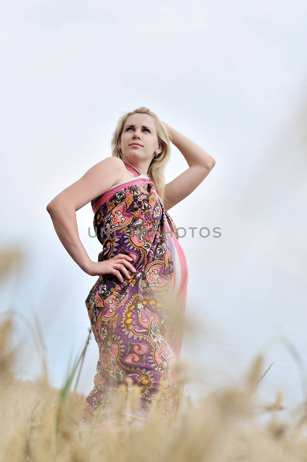 blonde pregnant woman standing in the wheat field 