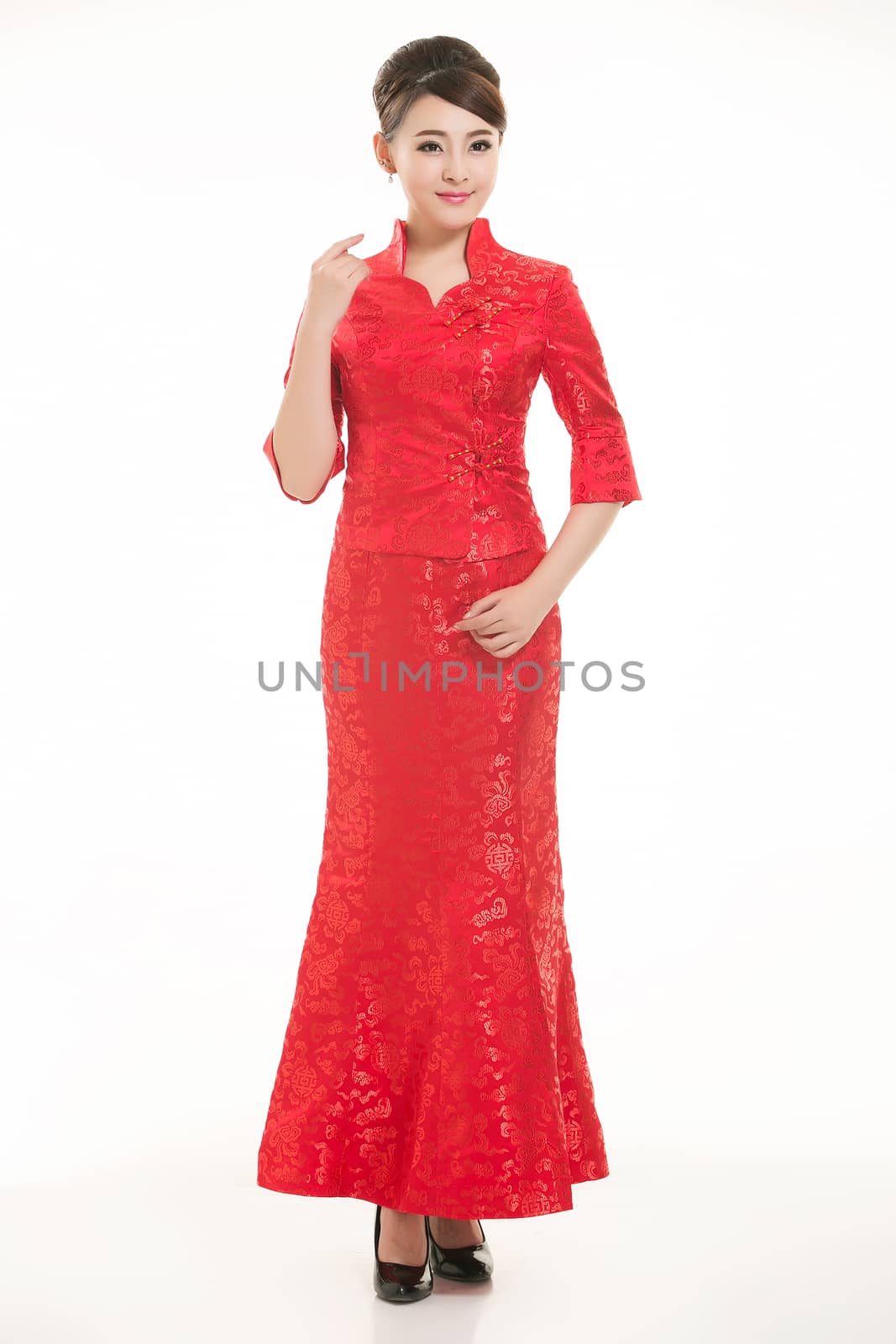Wearing Chinese clothing waiter in front of a white background by quweichang
