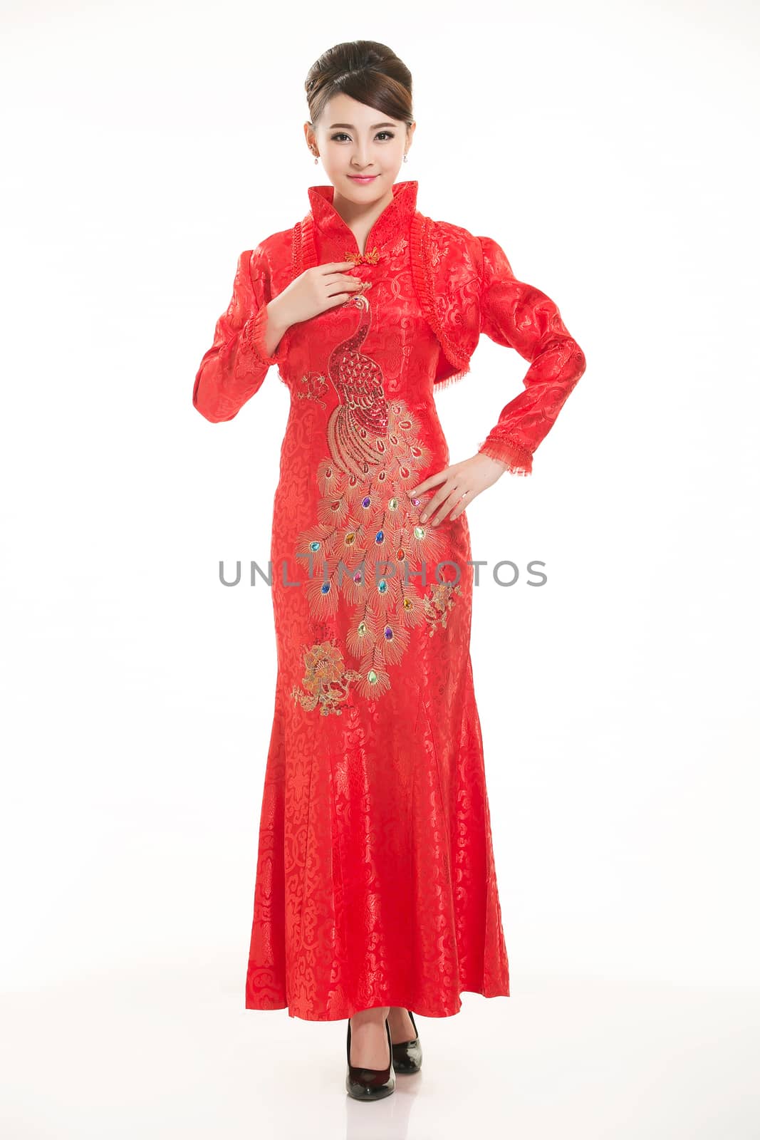 Wearing Chinese clothing waiter in front of a white background