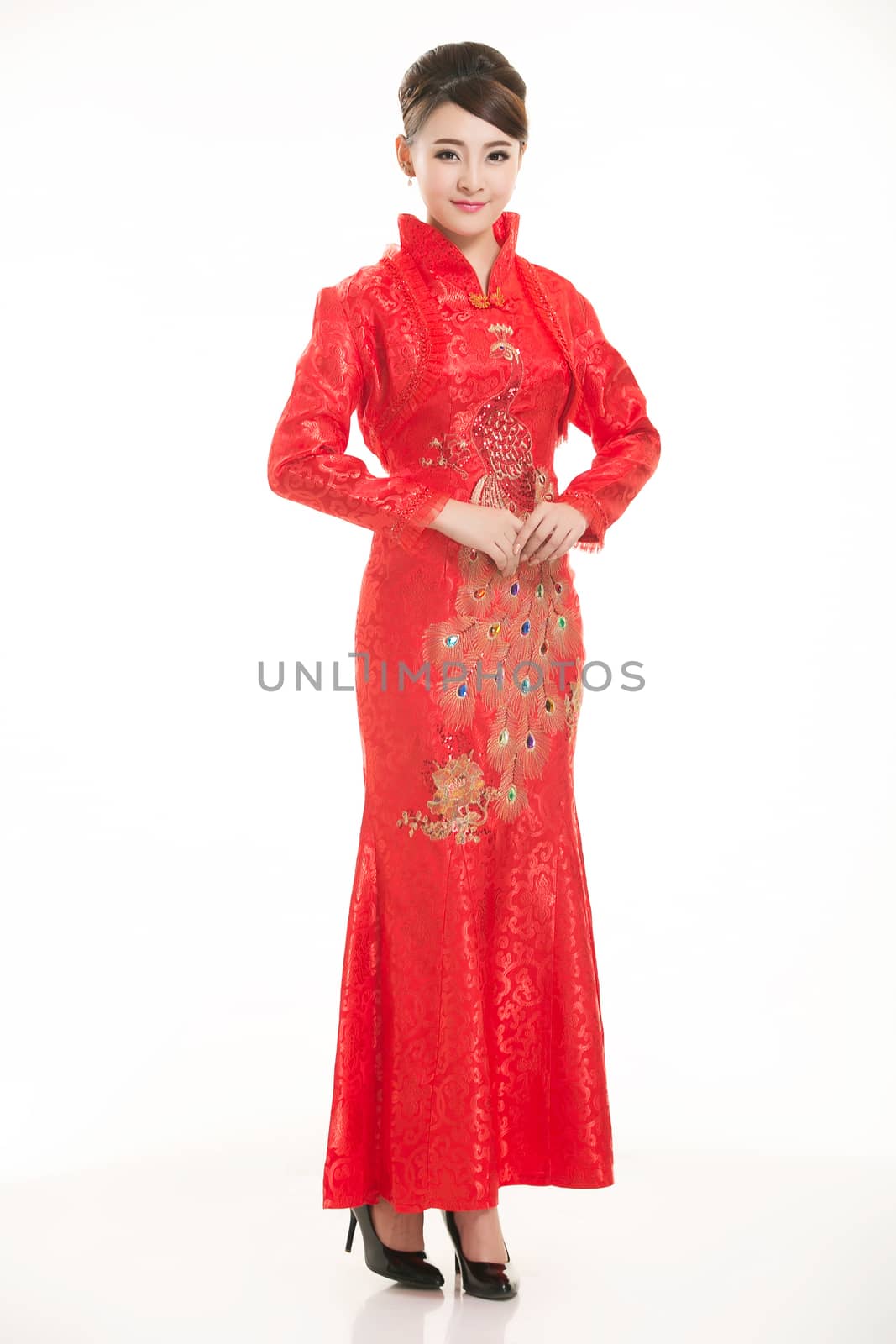 Wearing Chinese clothing waiter in front of a white background