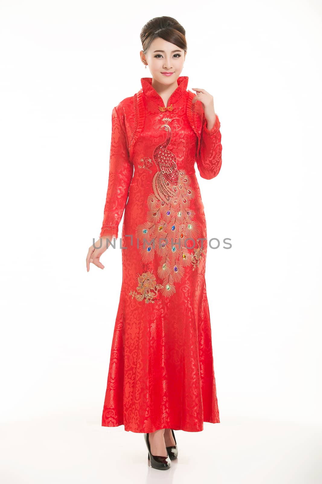 Wearing Chinese clothing waiter in front of a white background by quweichang