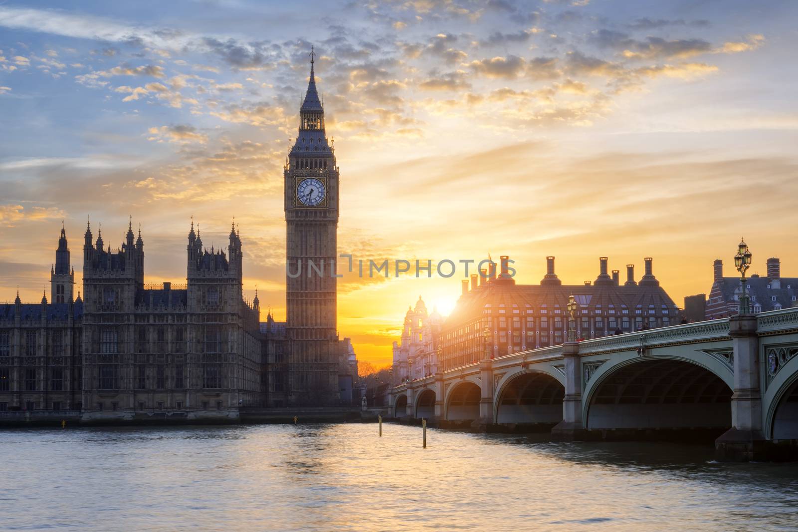 Famous Big Ben clock tower in London at sunset, UK.