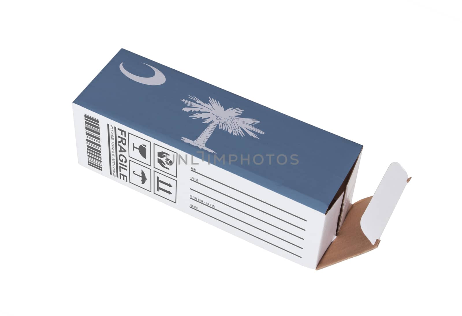 Concept of export, opened paper box - Product of South Carolina