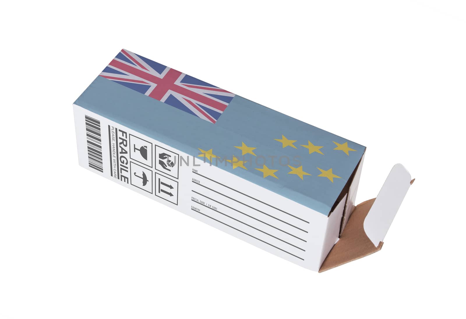 Concept of export, opened paper box - Product of Tuvalu