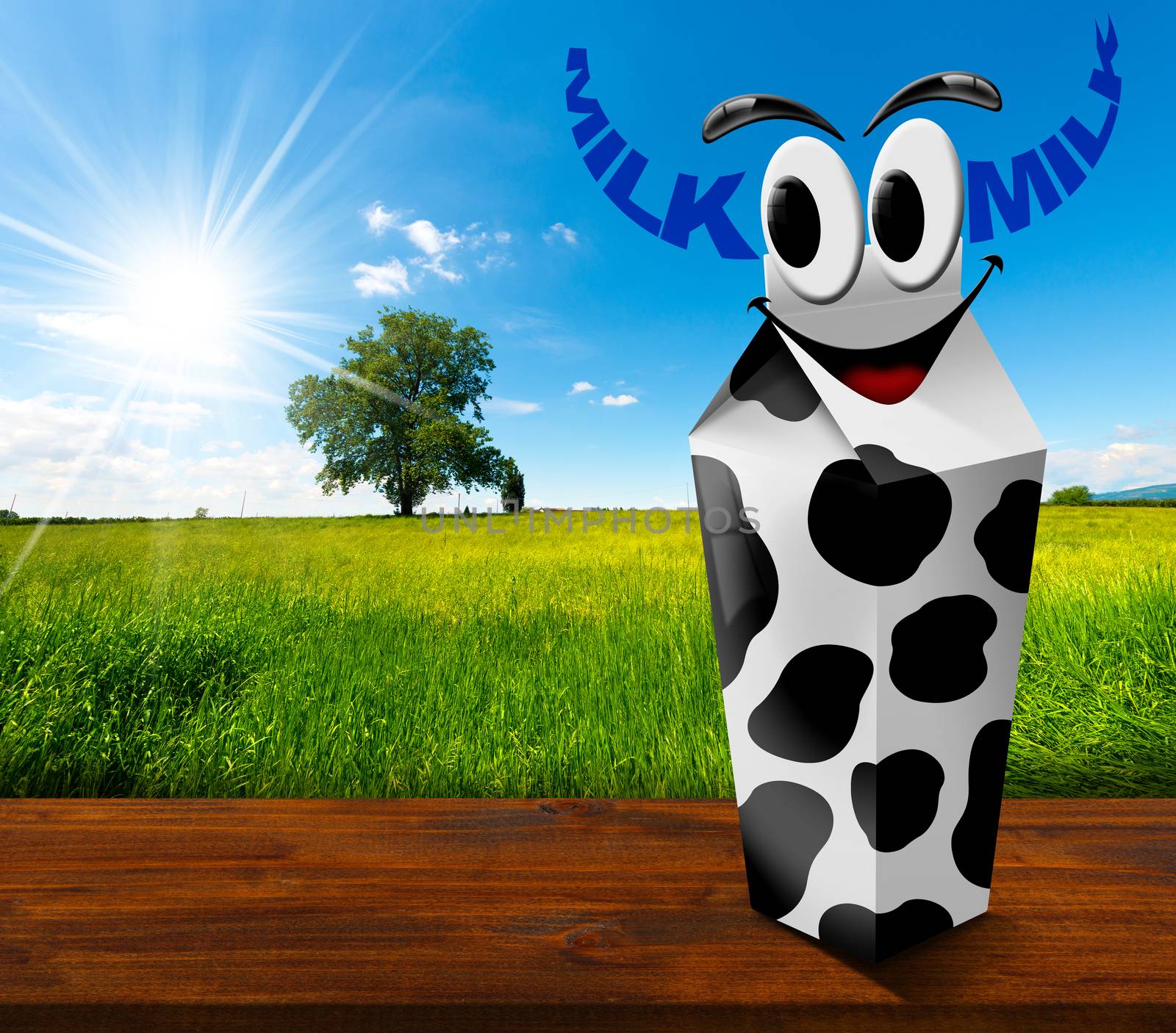 White carton milk with black spots with text Milk in the shape of horns. In a countryside landscape with green grass and a tree on blue sky with clouds and sun rays