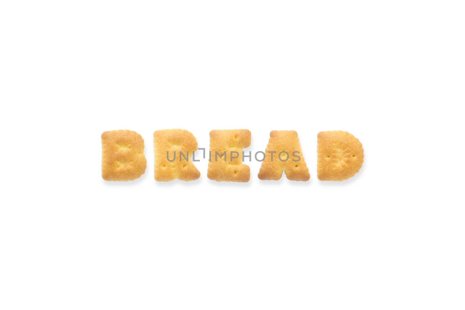 Collage of text word BREAD. Alphabet biscuit cracker isolated on white background