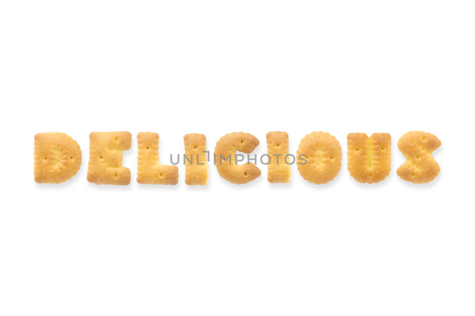Collage of the capital  letter word DELICIOUS. Alphabet cookie biscuits isolated on white background