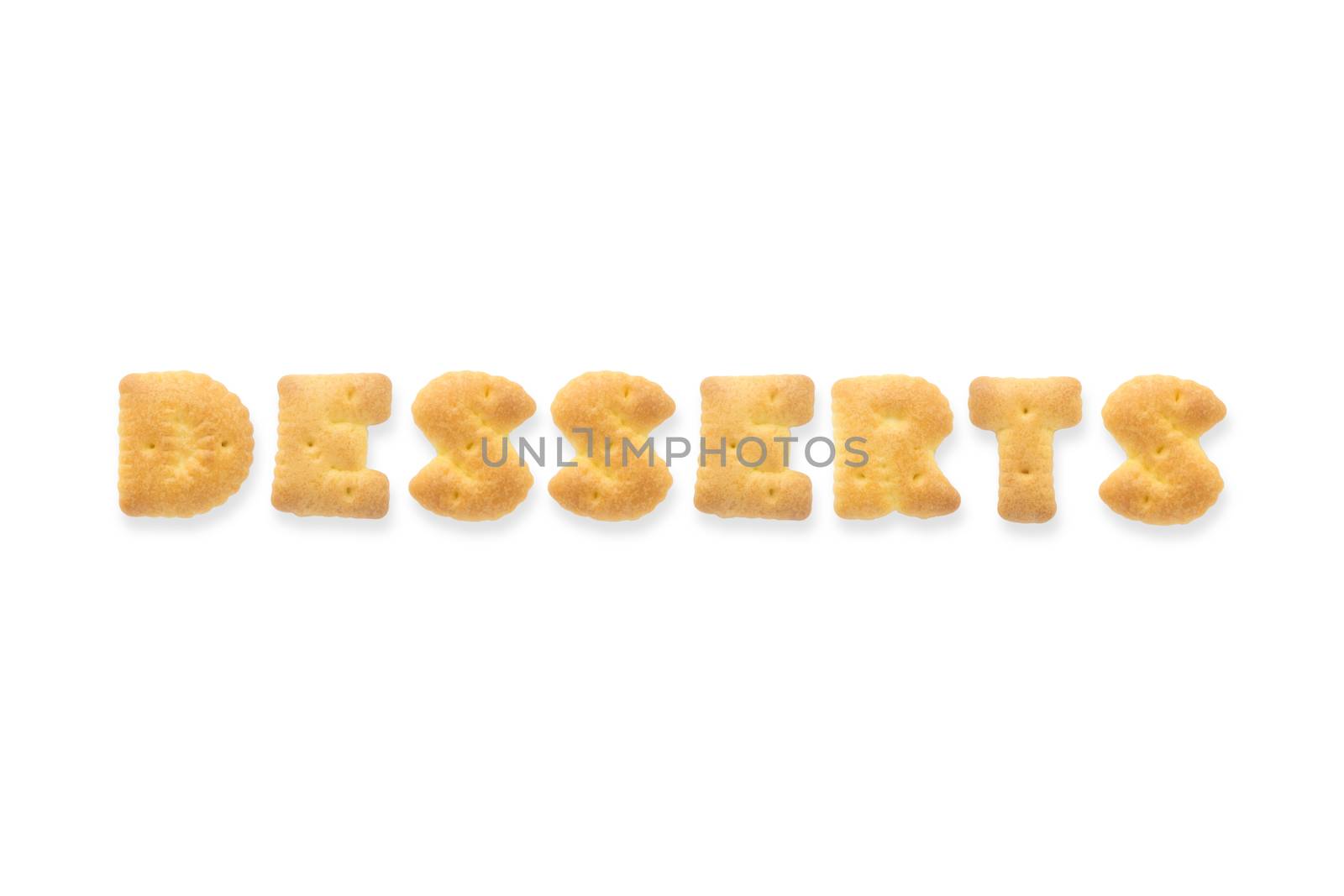Collage of the capital letter word DESSERTS. Alphabet cookie biscuits isolated on white background