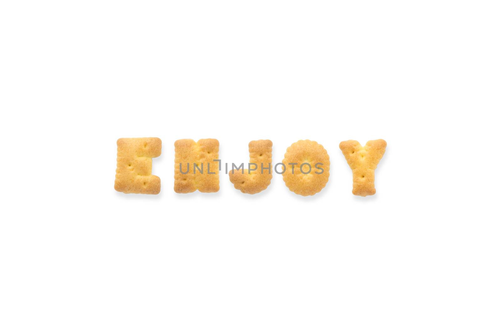 Collage of the character word ENJOY. Alphabet cookie cracker isolated on white background