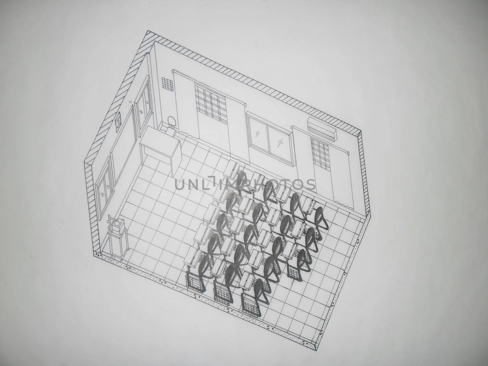 3D isometric view of a classroom with drafting tables