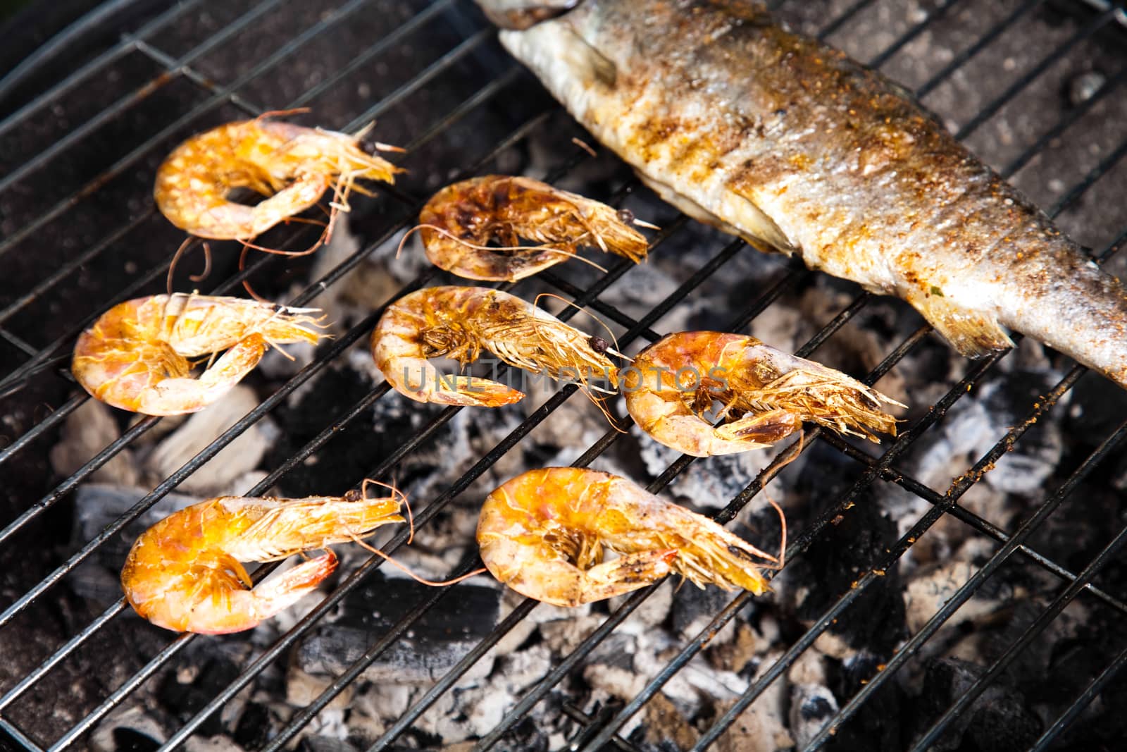 Grilling fish, bright colorful vivid theme