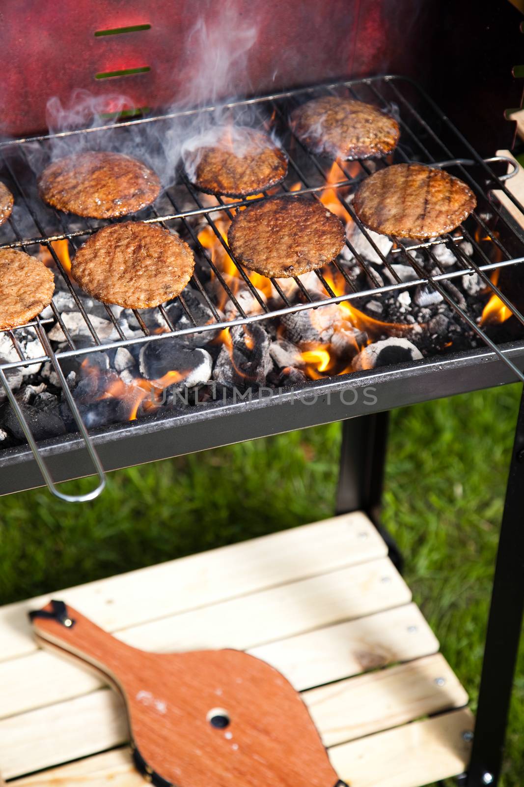 Grilling meat in flames, tasty dinner